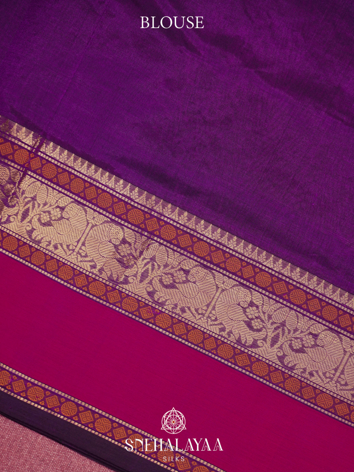 Magenta Purple Kanchi Silk Cotton Saree with Golden-Bronze Elephant-Peacock Border and Bright Pink Contrast Band