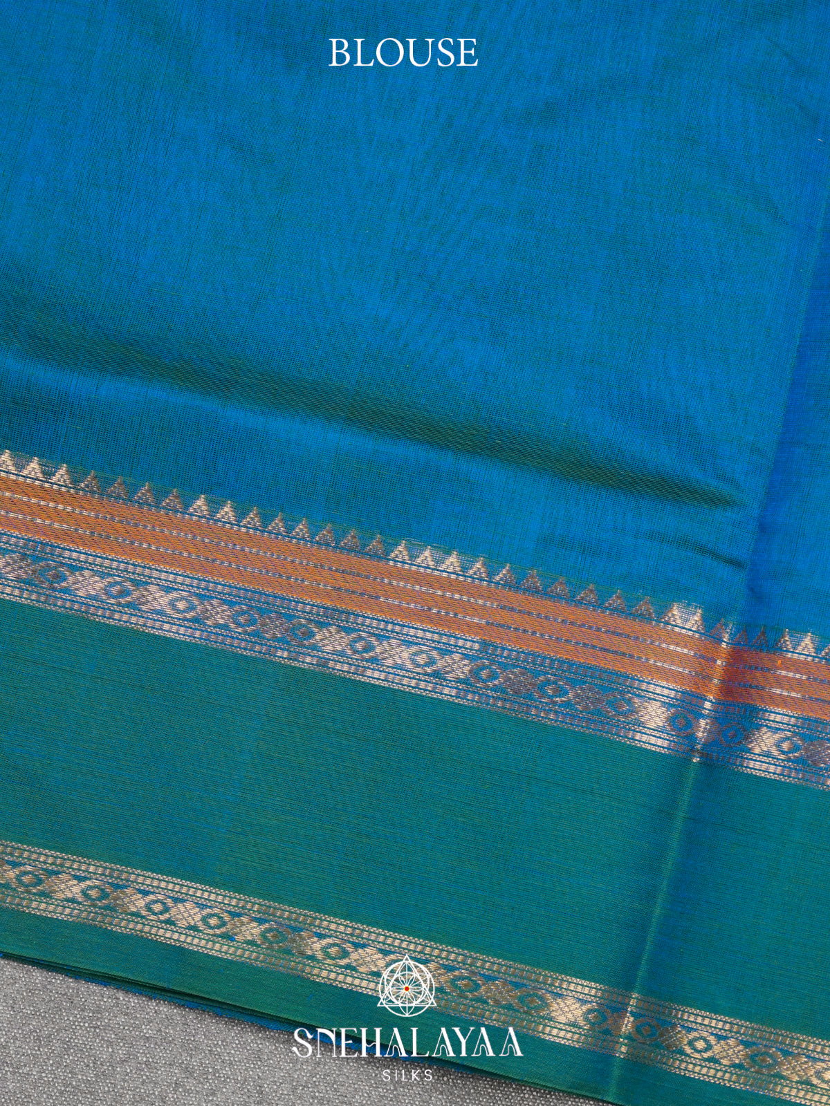 Teal Blue Kanchi Silk Cotton Saree with Large Paisley Motif and Sea Green Contrast Border