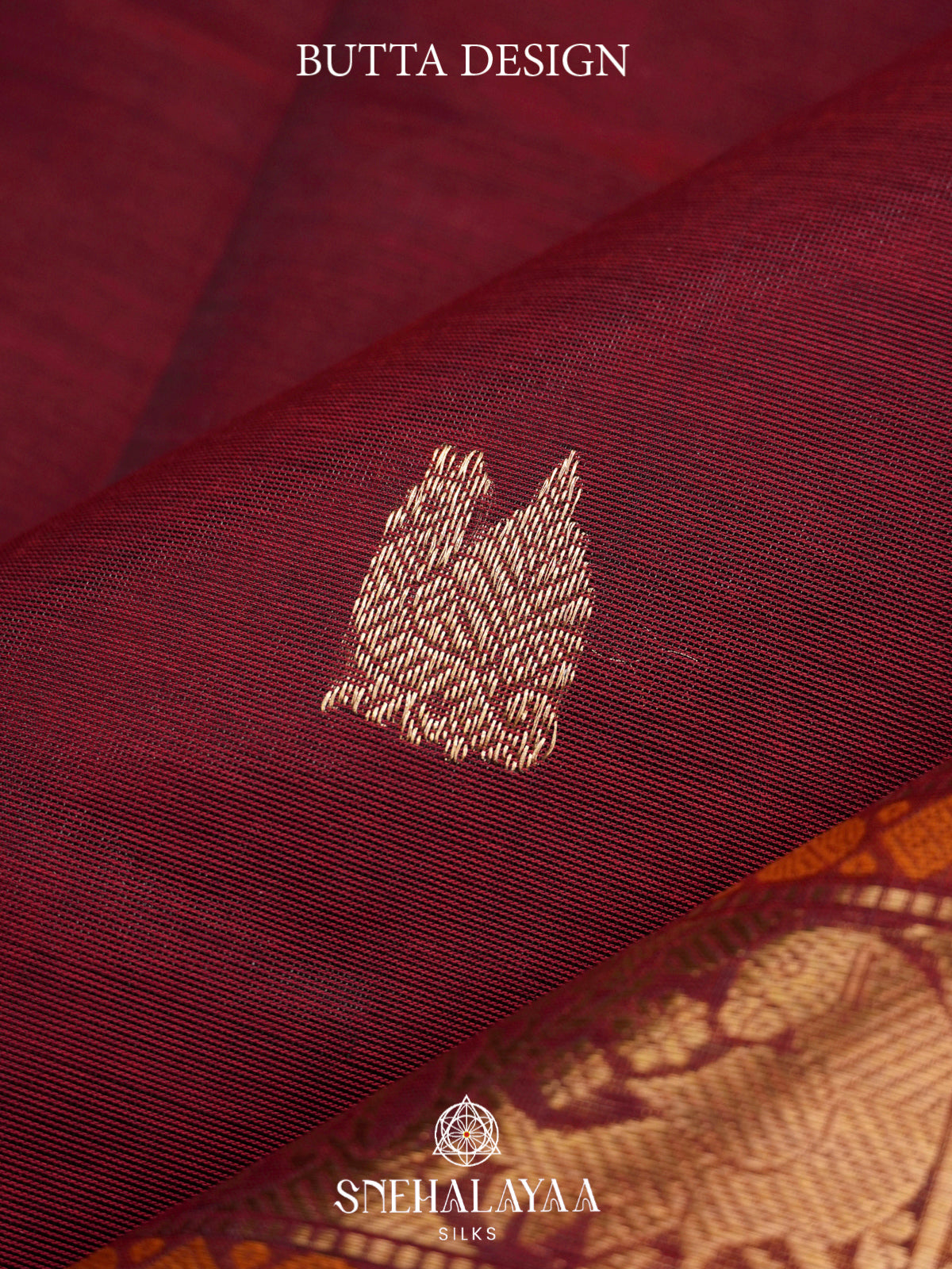 Maroon Kanchi Silk Cotton Saree with Golden-Bronze Elephant-Peacock Border and Navy Blue Contrast Border