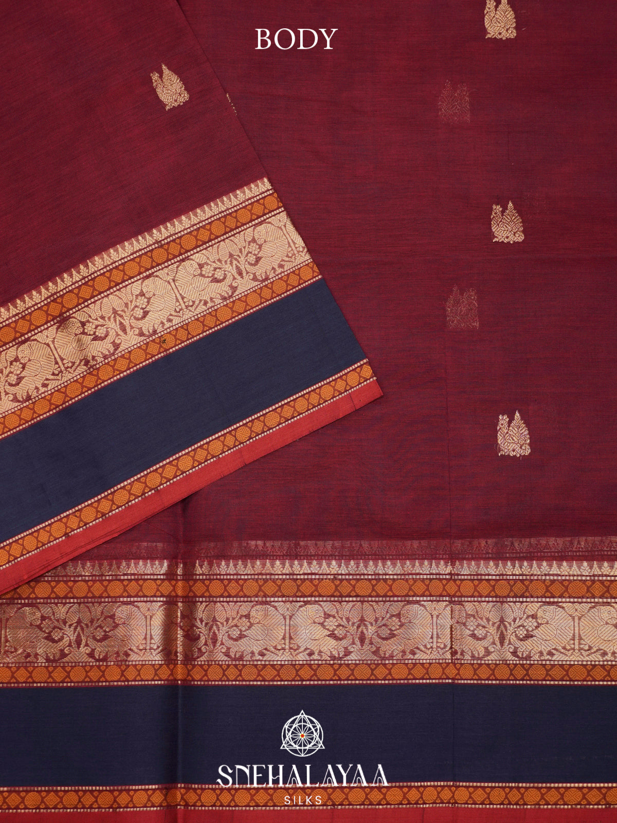 Maroon Kanchi Silk Cotton Saree with Golden-Bronze Elephant-Peacock Border and Navy Blue Contrast Border