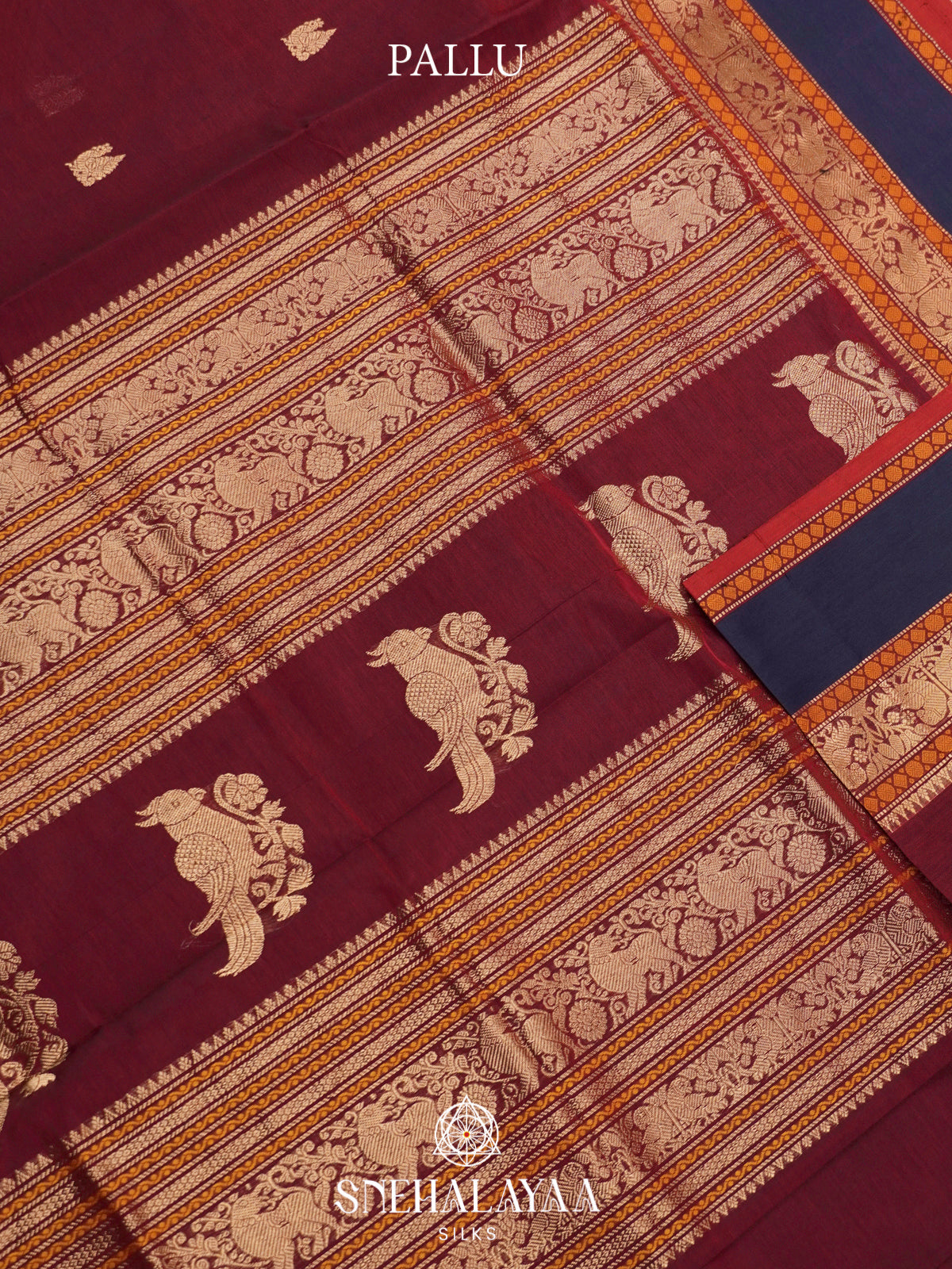 Maroon Kanchi Silk Cotton Saree with Golden-Bronze Elephant-Peacock Border and Navy Blue Contrast Border