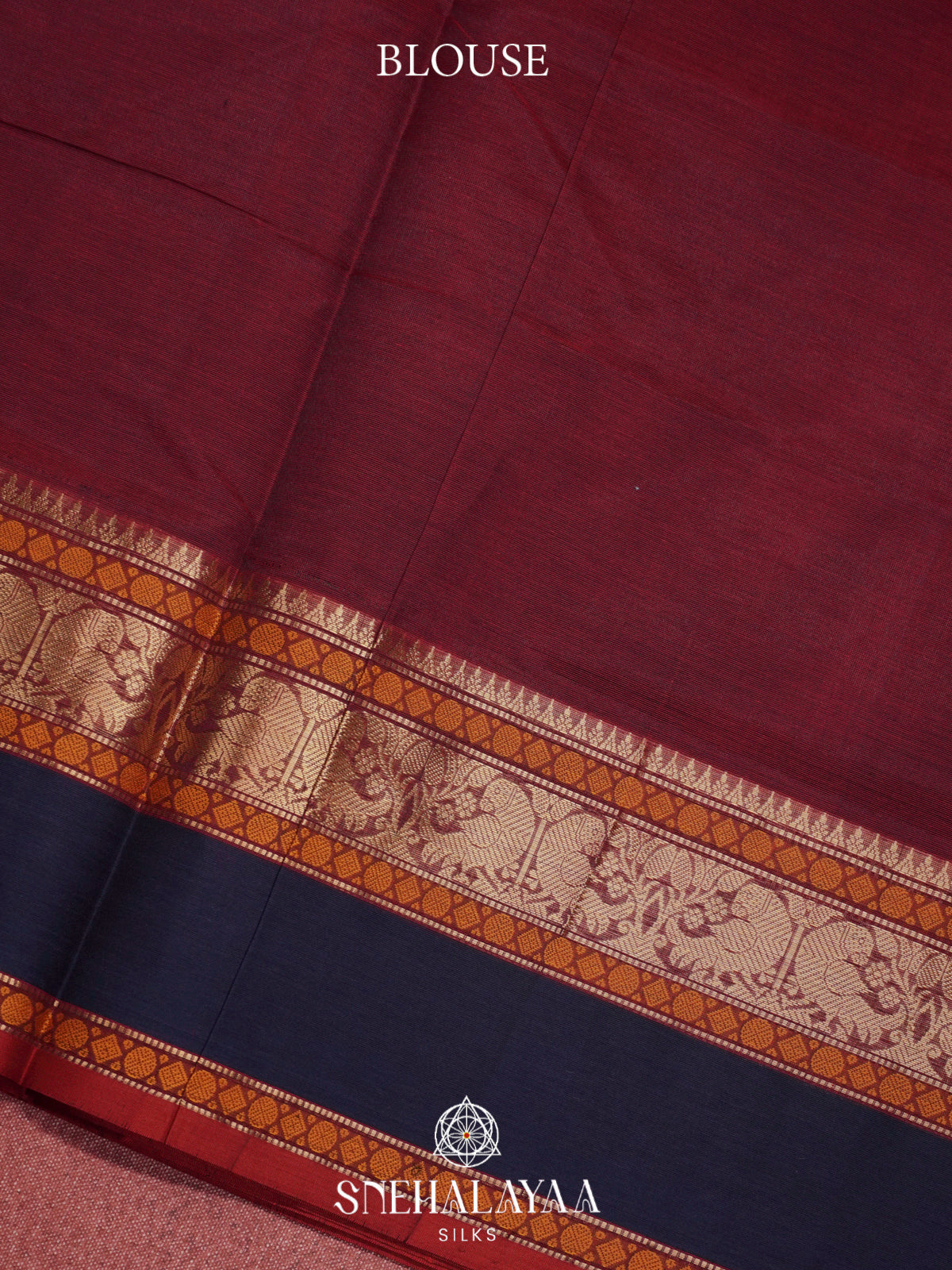 Maroon Kanchi Silk Cotton Saree with Golden-Bronze Elephant-Peacock Border and Navy Blue Contrast Border