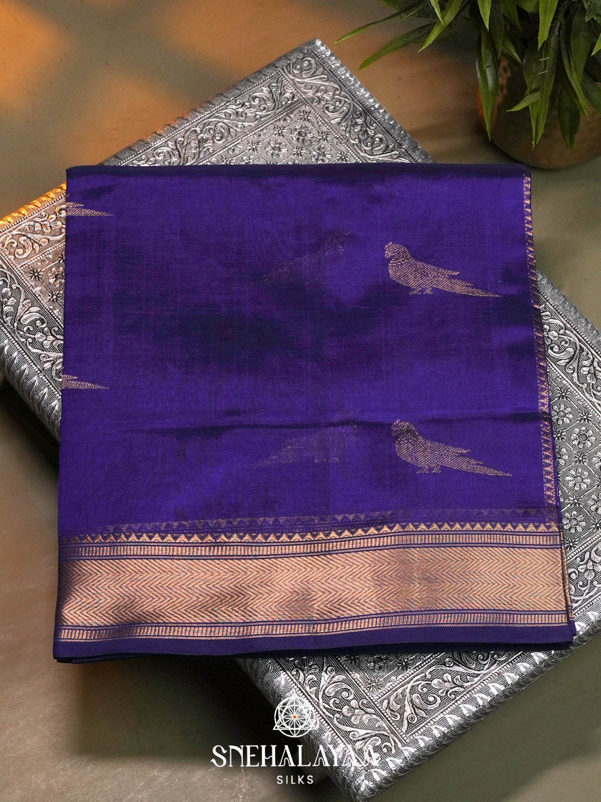 Royal Purple Kanchi Silk Cotton Saree with Golden-Bronze Chevron Border