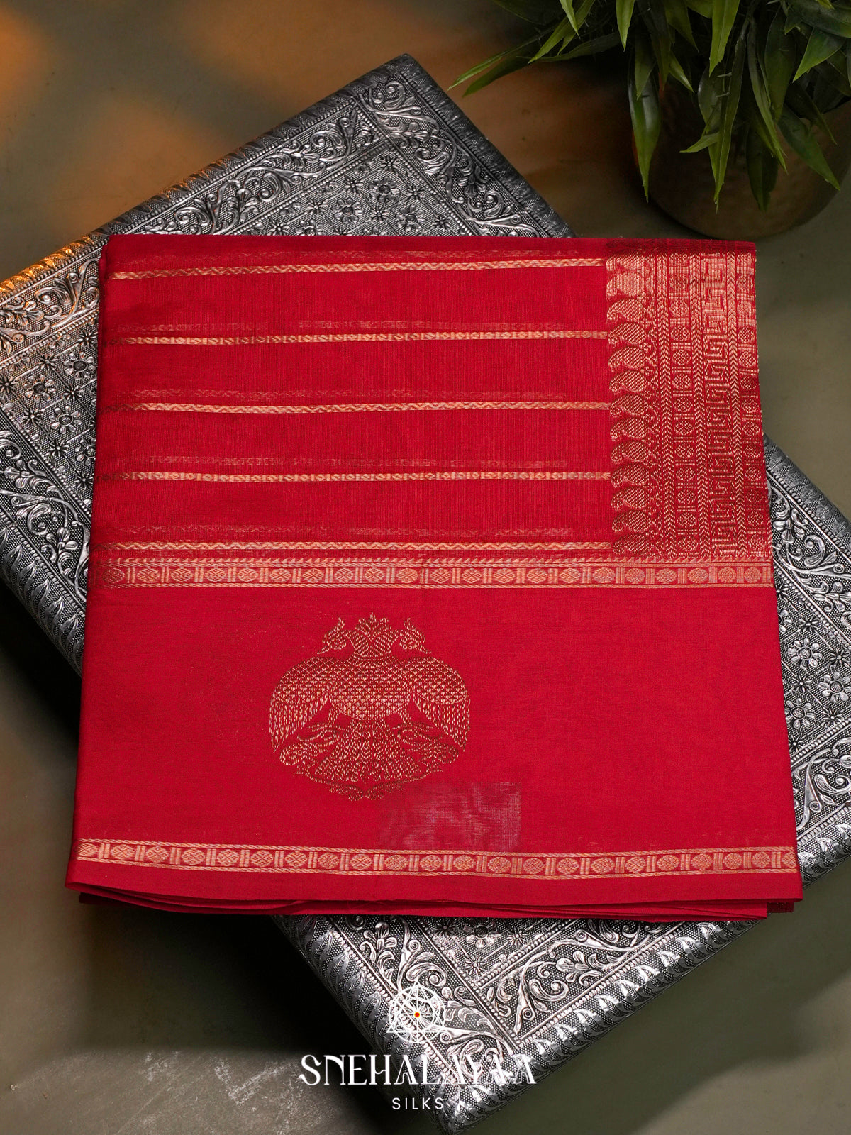 Chili Red Kanchi Silk Cotton Saree with Large Gandaberunda Motif and Zari Stripes