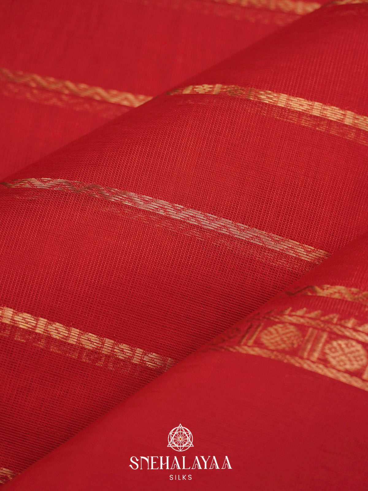 Chili Red Kanchi Silk Cotton Saree with Large Gandaberunda Motif and Zari Stripes