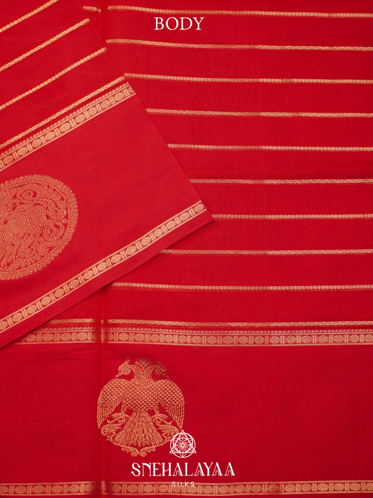 Chili Red Kanchi Silk Cotton Saree with Large Gandaberunda Motif and Zari Stripes