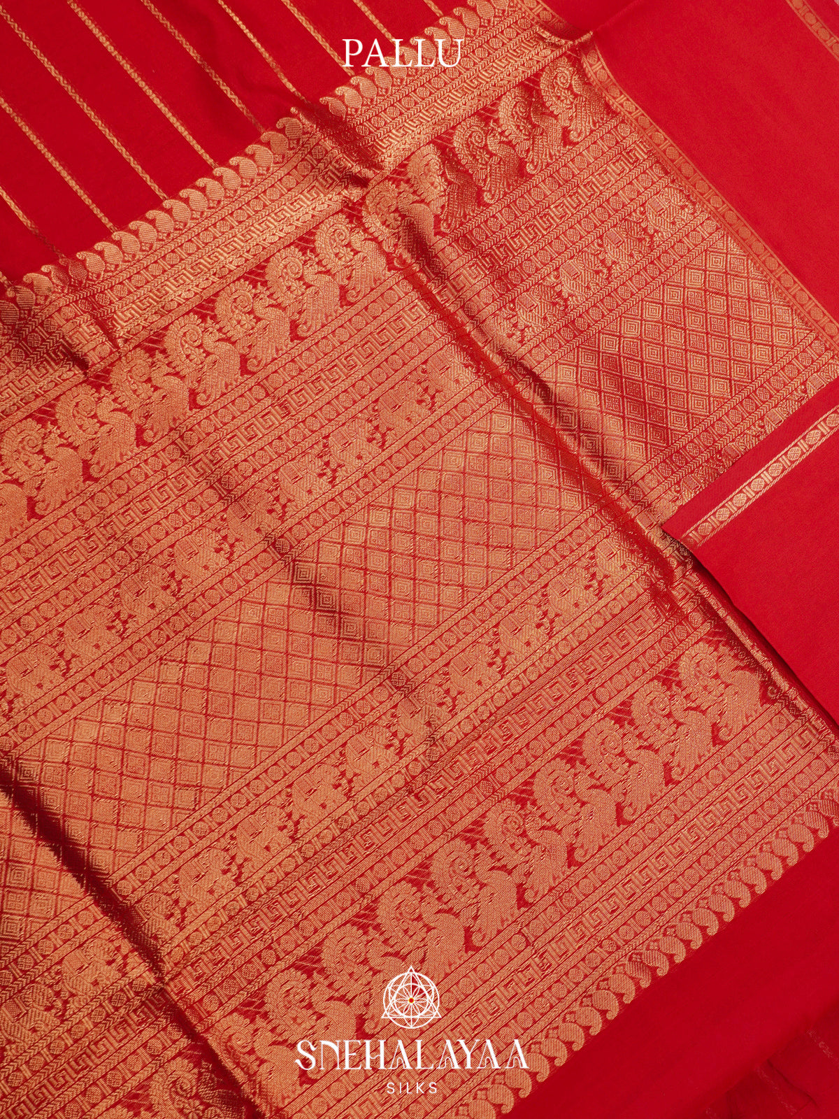 Chili Red Kanchi Silk Cotton Saree with Large Gandaberunda Motif and Zari Stripes