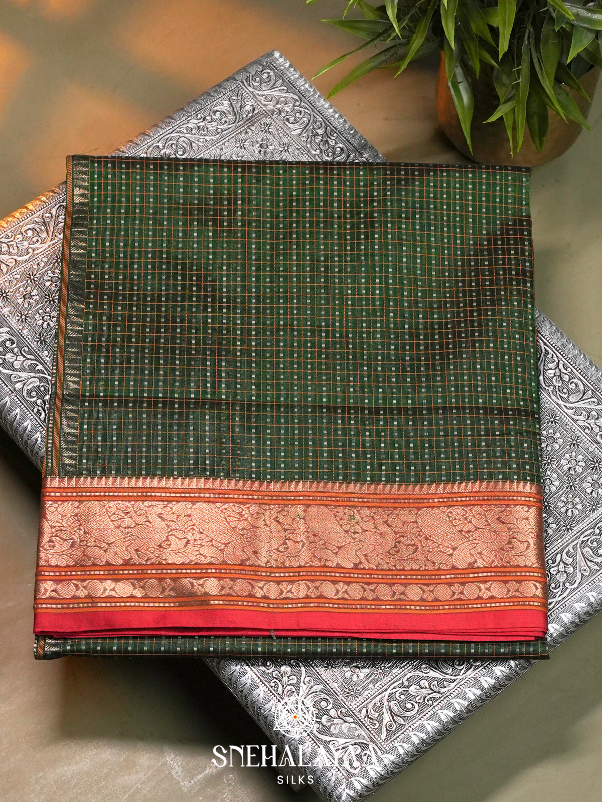 Forest Green Kanchi Silk Cotton Saree with Checkered Pattern and Peacock-Elephant Border