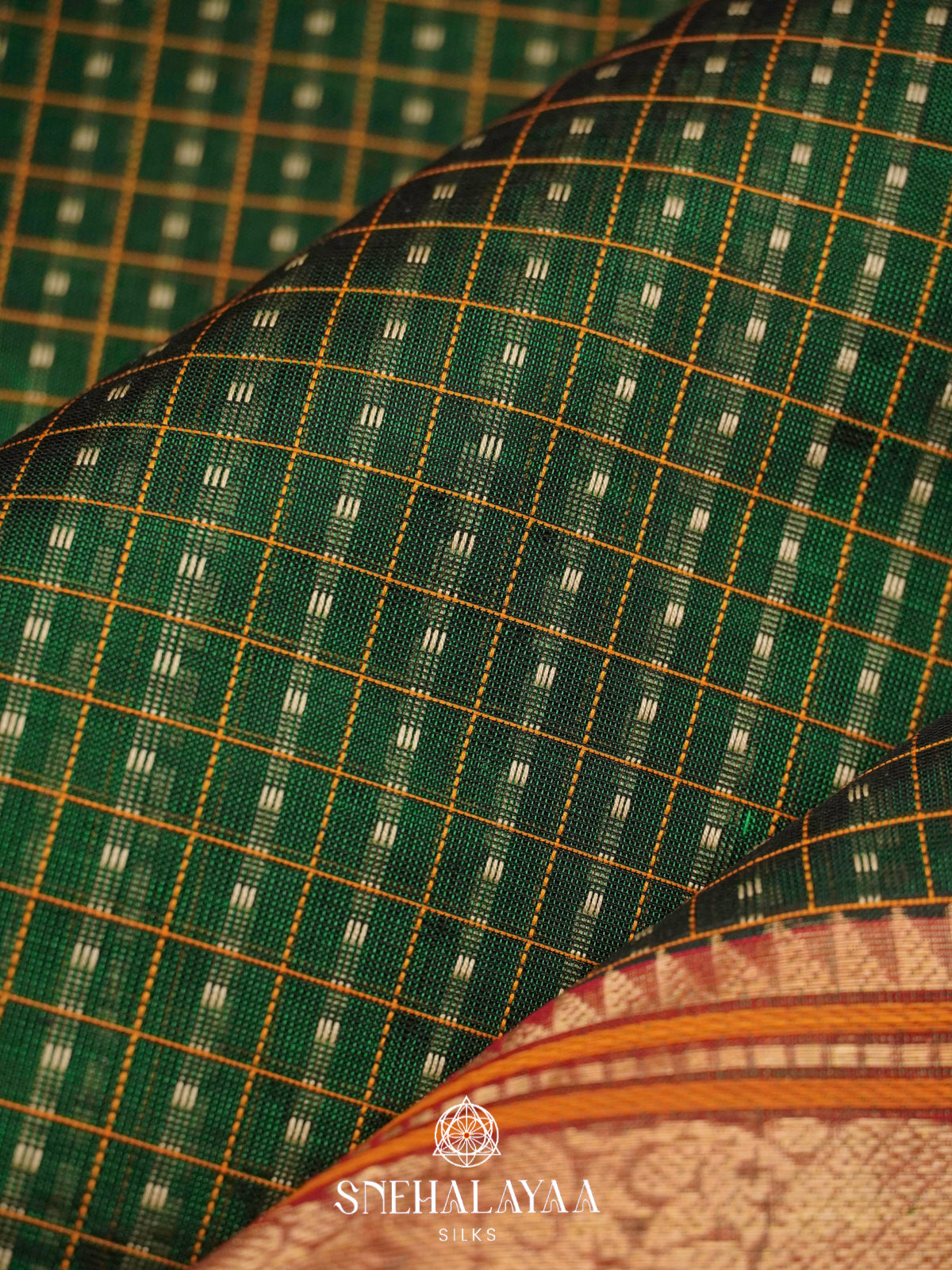 Forest Green Kanchi Silk Cotton Saree with Checkered Pattern and Peacock-Elephant Border