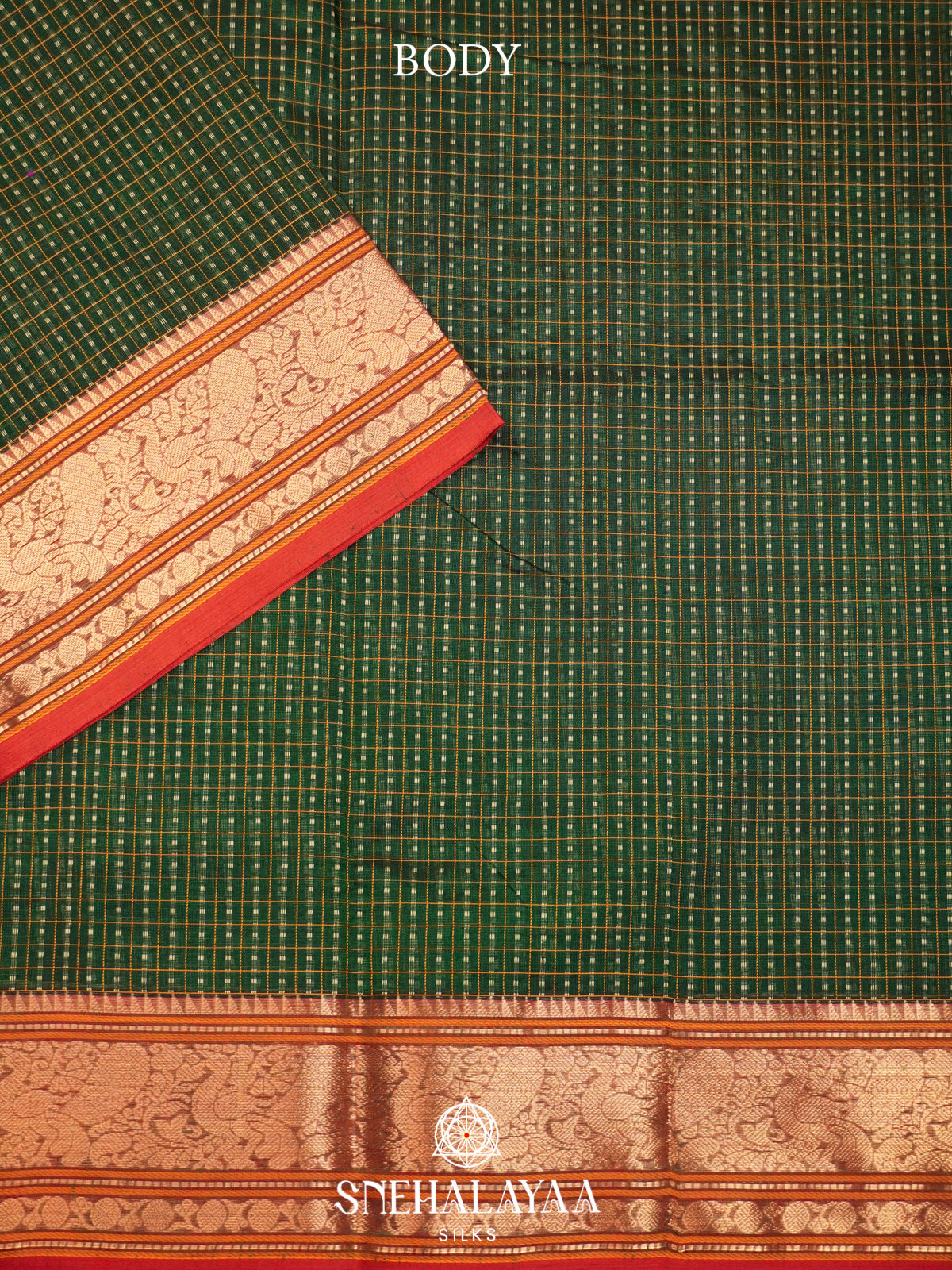 Forest Green Kanchi Silk Cotton Saree with Checkered Pattern and Peacock-Elephant Border