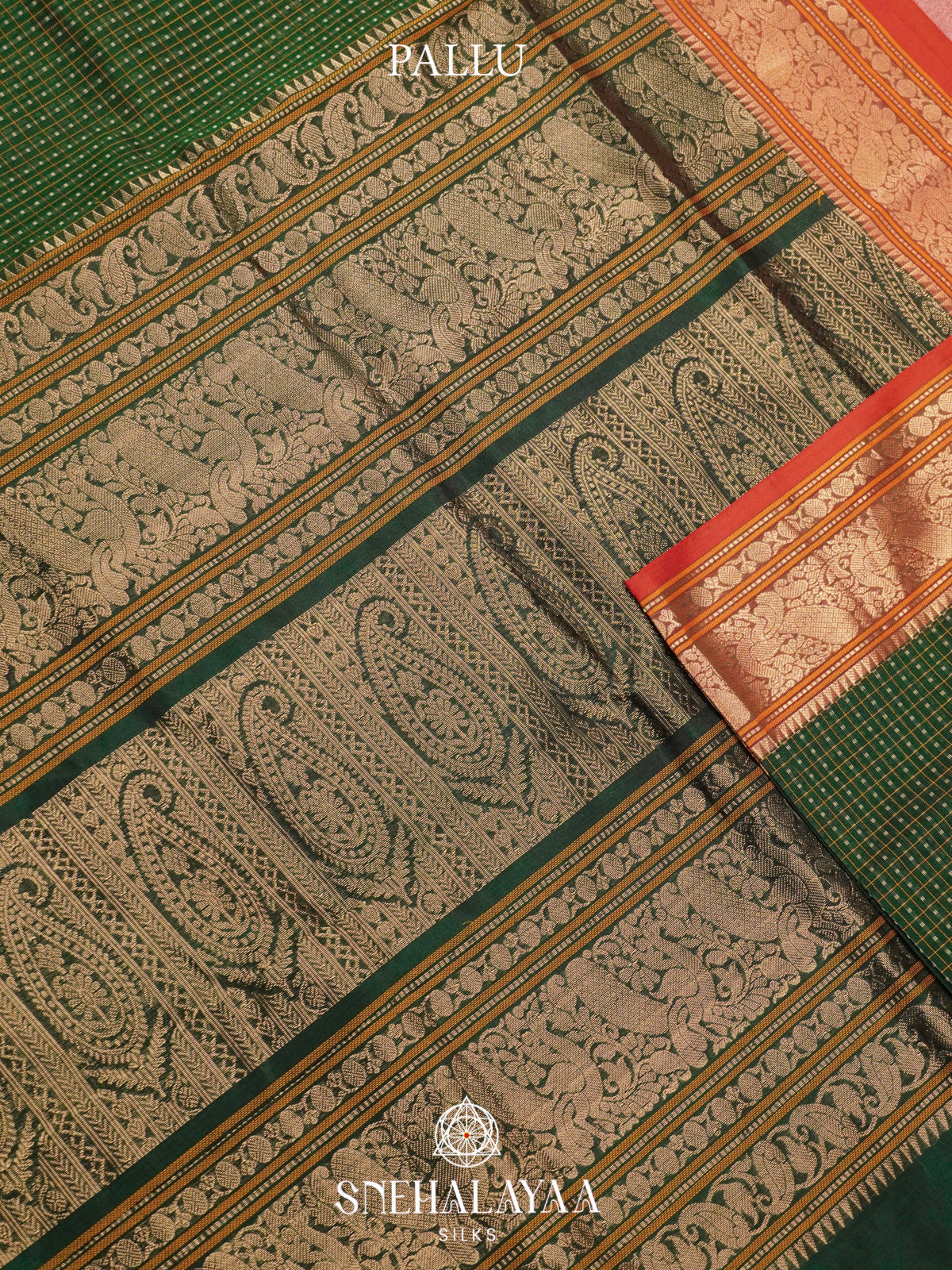 Forest Green Kanchi Silk Cotton Saree with Checkered Pattern and Peacock-Elephant Border