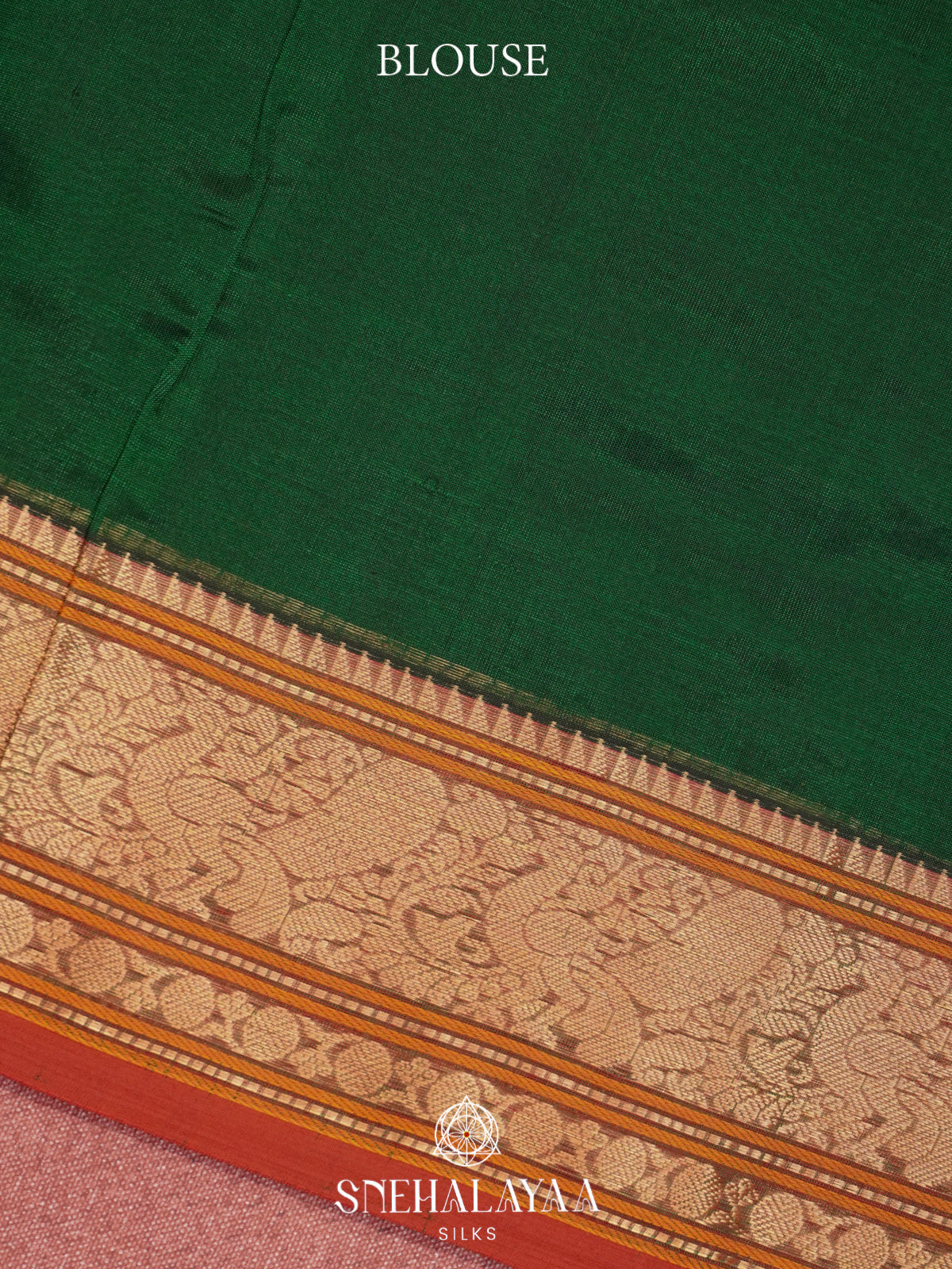 Forest Green Kanchi Silk Cotton Saree with Checkered Pattern and Peacock-Elephant Border