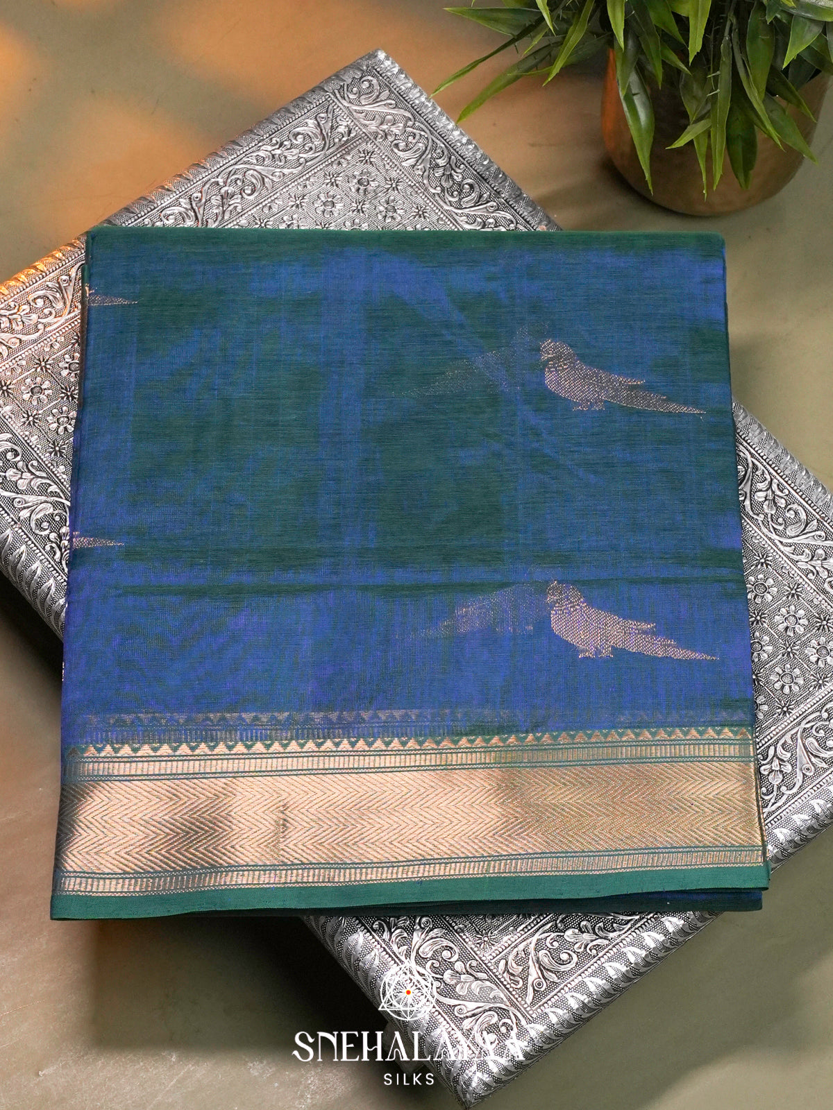 Teal Blue & Sea Green Kanchi Silk Cotton Saree with Golden-Bronze Chevron Border