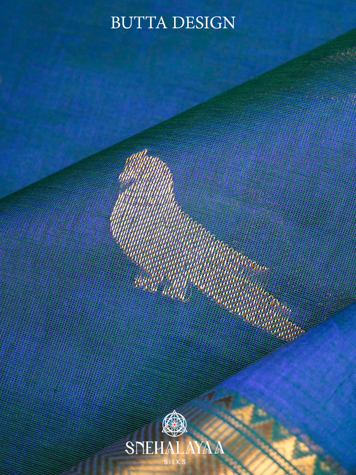 Teal Blue & Sea Green Kanchi Silk Cotton Saree with Golden-Bronze Chevron Border