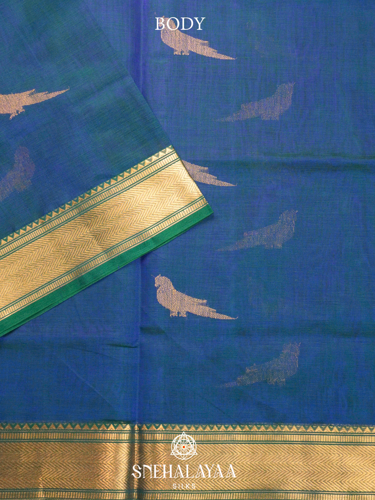 Teal Blue & Sea Green Kanchi Silk Cotton Saree with Golden-Bronze Chevron Border