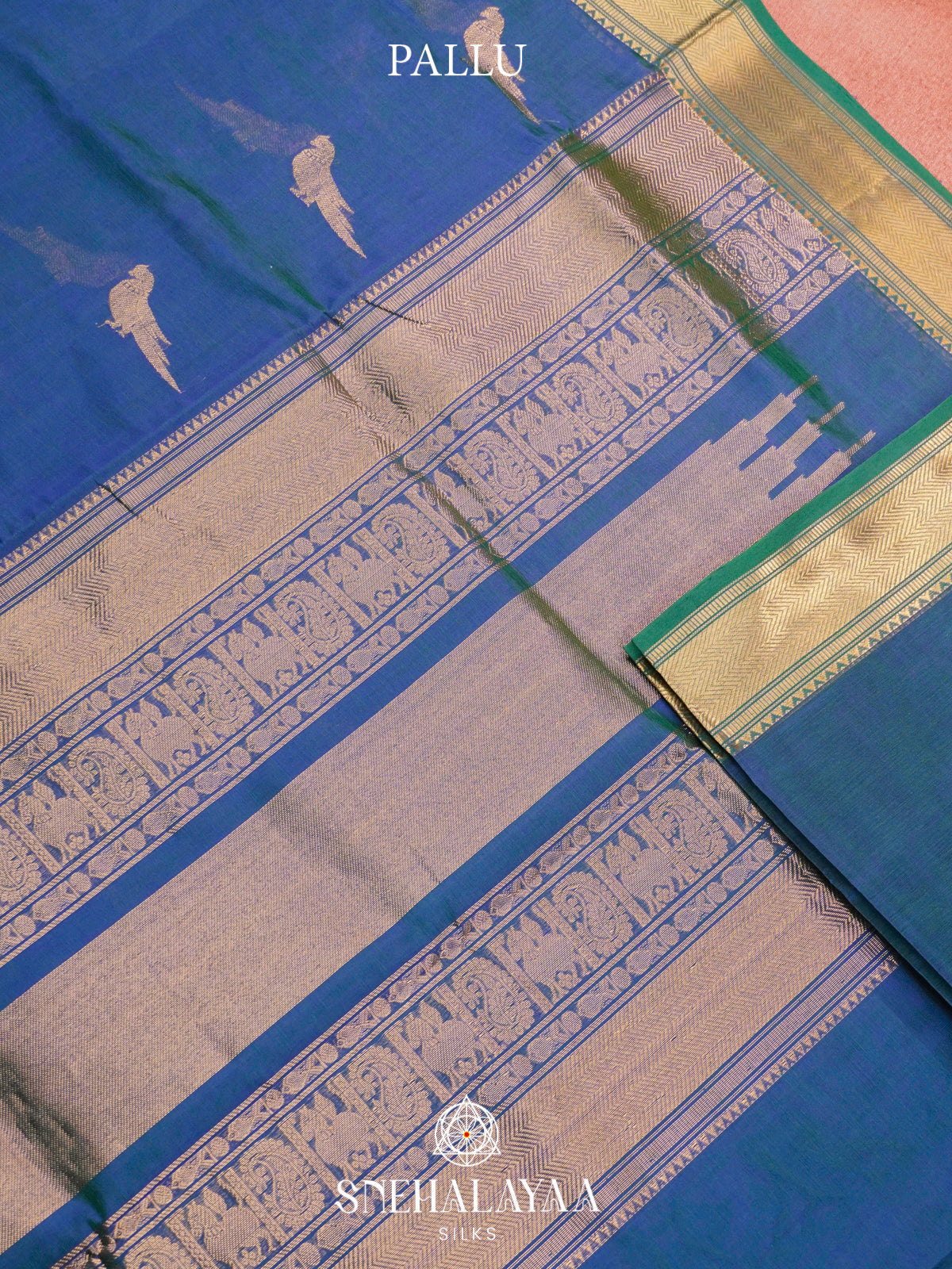 Teal Blue & Sea Green Kanchi Silk Cotton Saree with Golden-Bronze Chevron Border