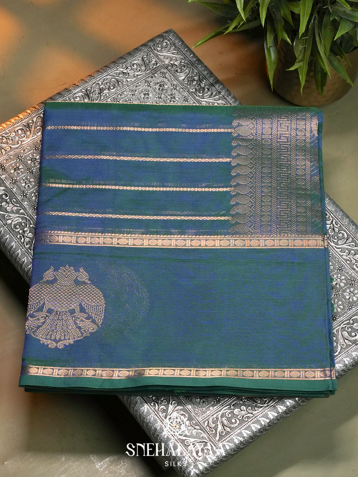 Teal Blue & Sea Green Kanchi Silk Cotton Saree with Large Gandaberunda Motif and Zari Stripes