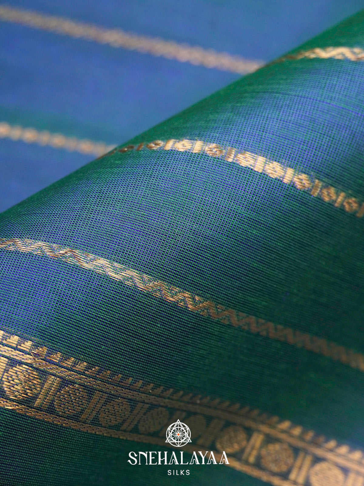 Teal Blue & Sea Green Kanchi Silk Cotton Saree with Large Gandaberunda Motif and Zari Stripes