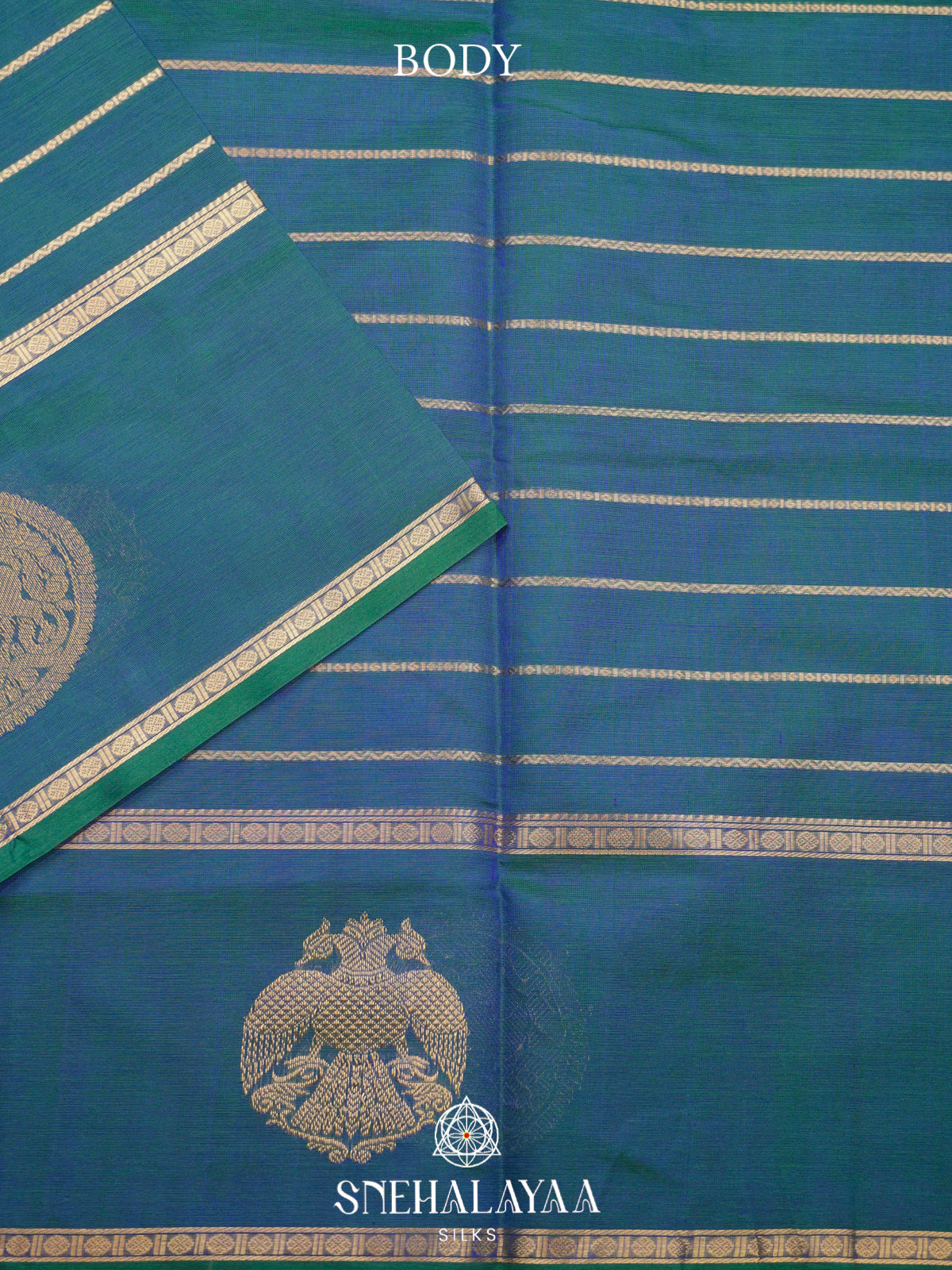 Teal Blue & Sea Green Kanchi Silk Cotton Saree with Large Gandaberunda Motif and Zari Stripes
