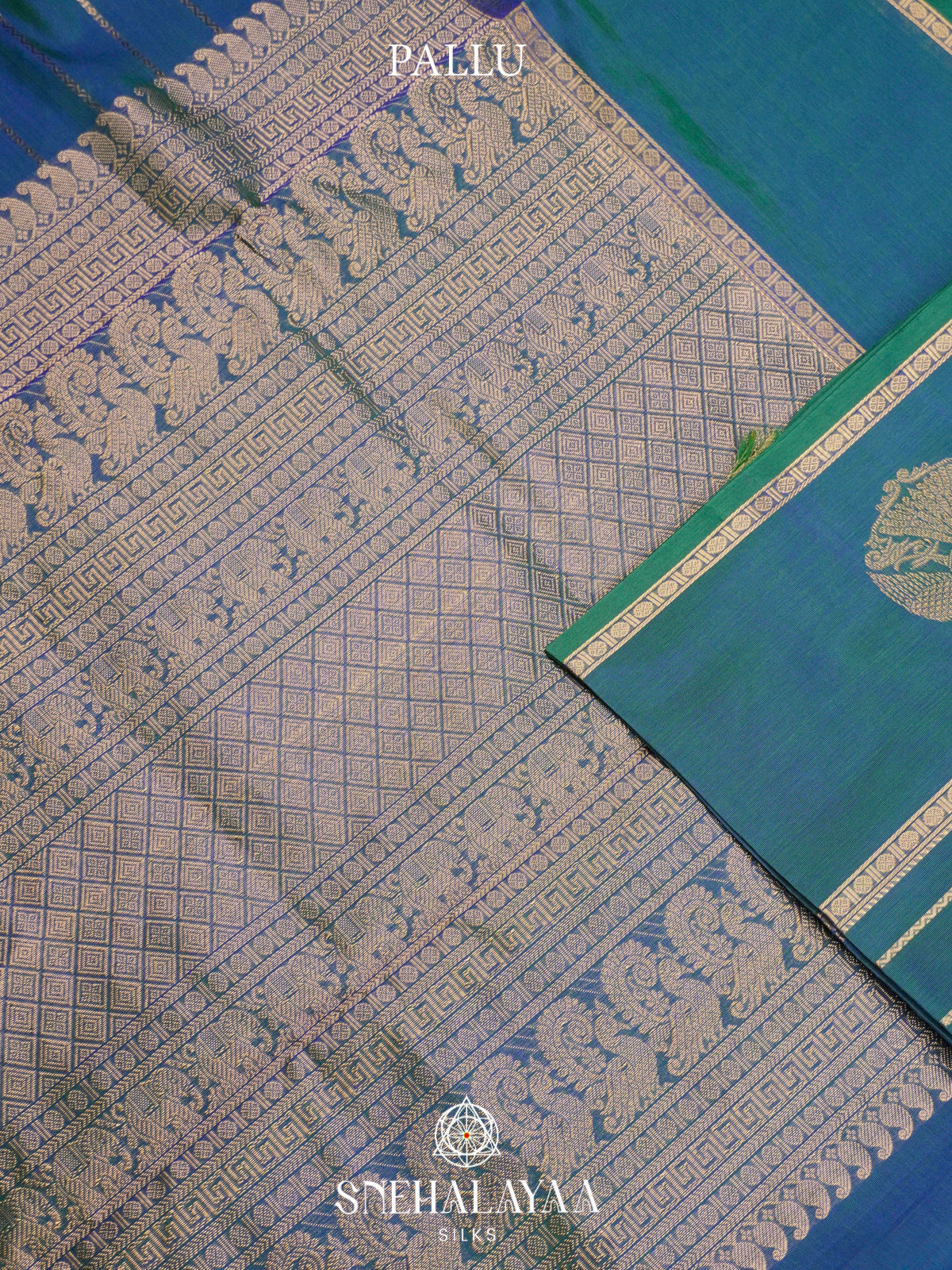 Teal Blue & Sea Green Kanchi Silk Cotton Saree with Large Gandaberunda Motif and Zari Stripes
