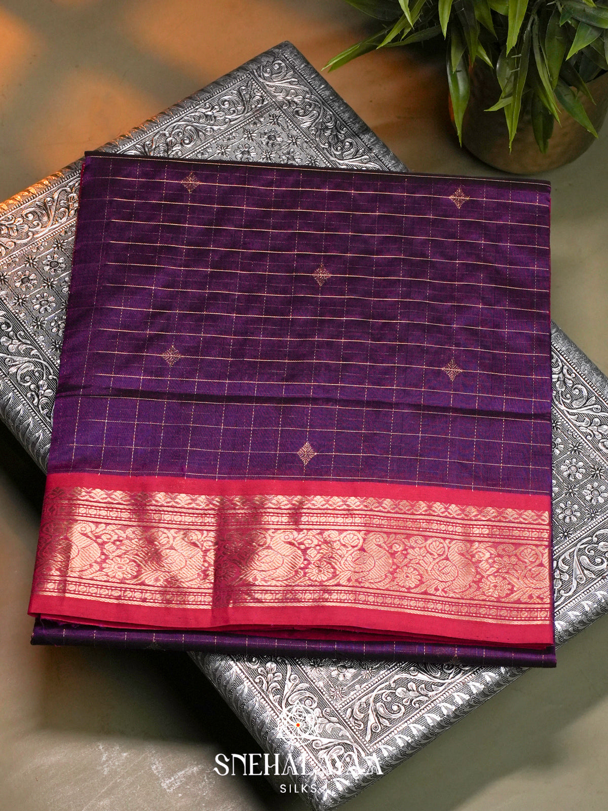 Purple Kanchi Silk Cotton Saree with Checkered Pattern and Peacock Border