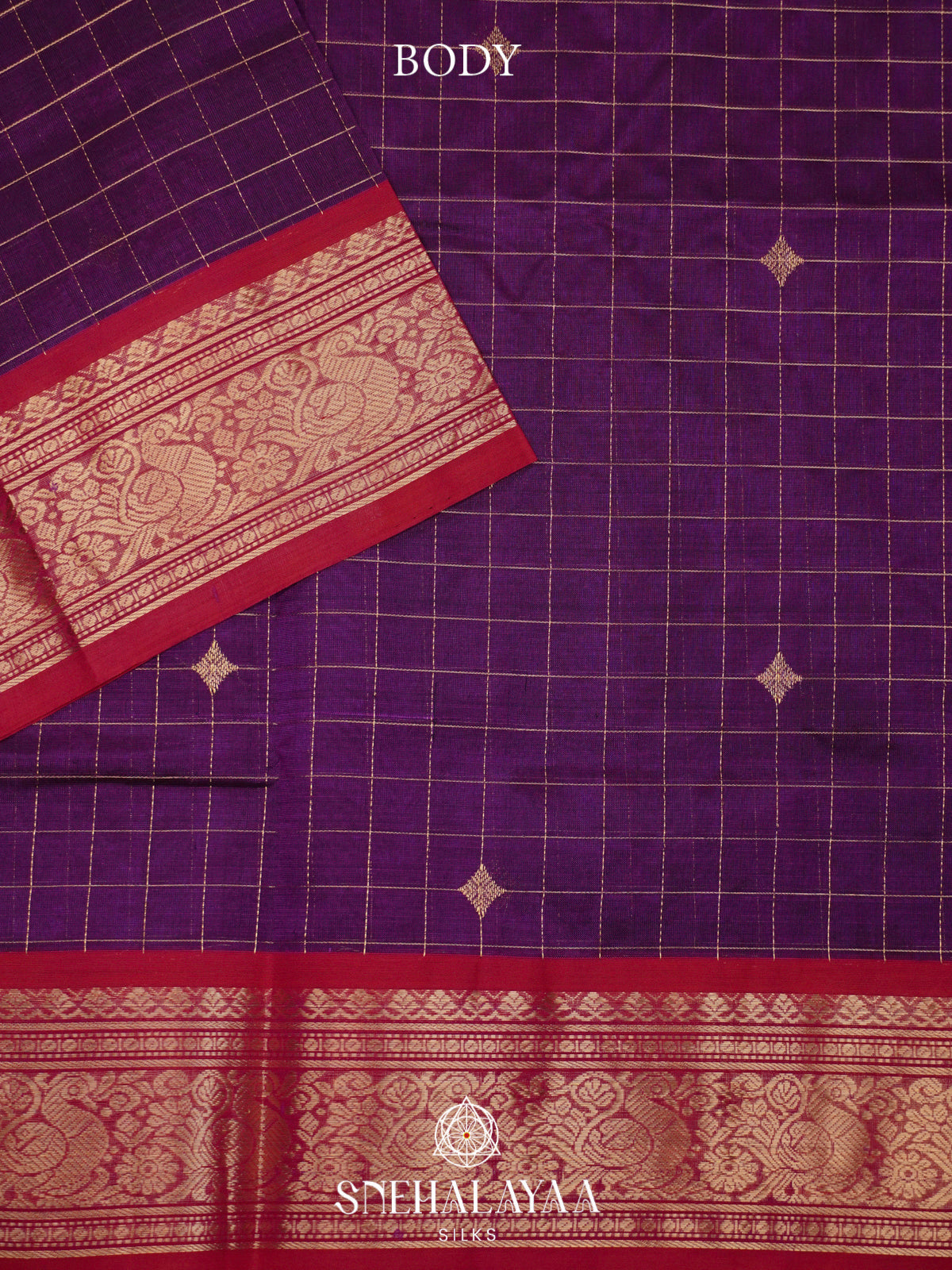 Purple Kanchi Silk Cotton Saree with Checkered Pattern and Peacock Border