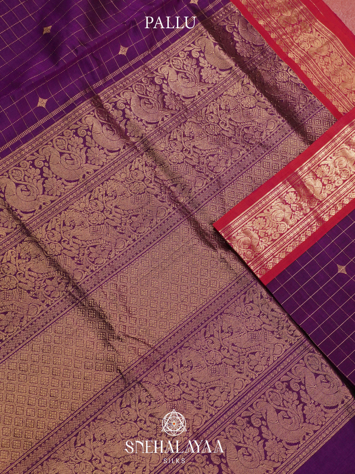 Purple Kanchi Silk Cotton Saree with Checkered Pattern and Peacock Border