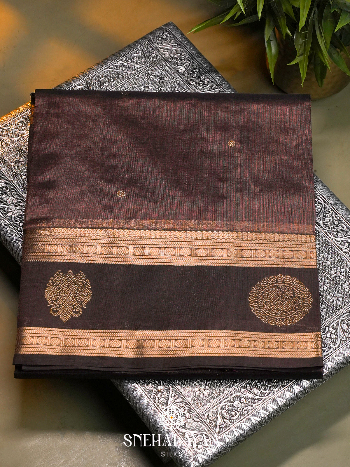 Coffee Brown Kanchi Silk Cotton Saree with Contrast Dark Brown Border & Annapakshi Motifs