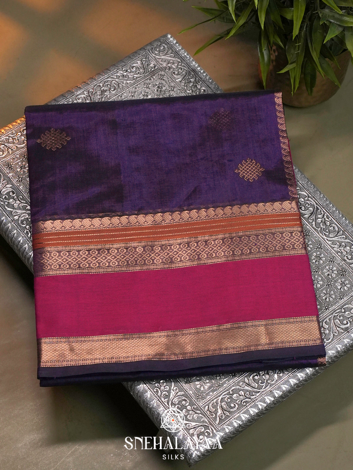Purple Kanchi Silk Cotton Saree with Magenta Contrast Border & Intricate Geometric Motifs