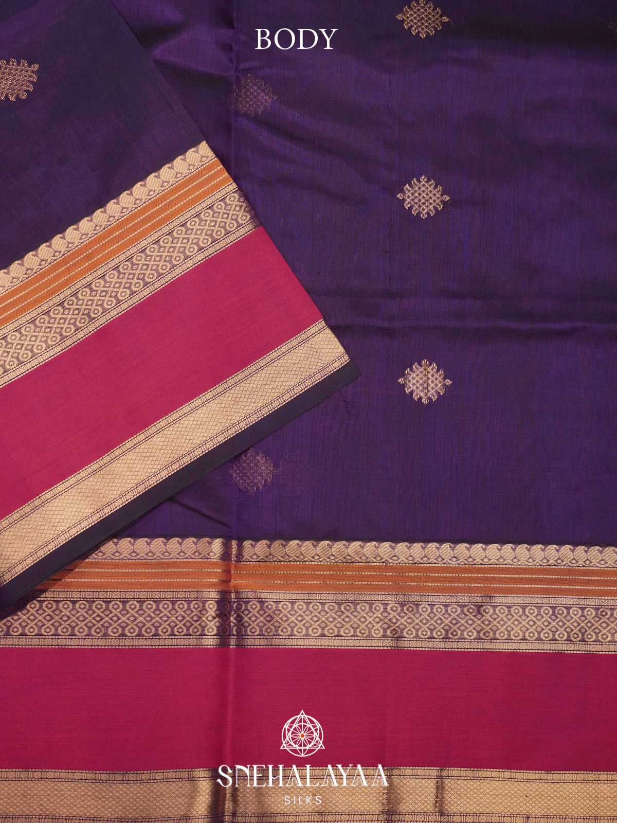 Purple Kanchi Silk Cotton Saree with Magenta Contrast Border & Intricate Geometric Motifs