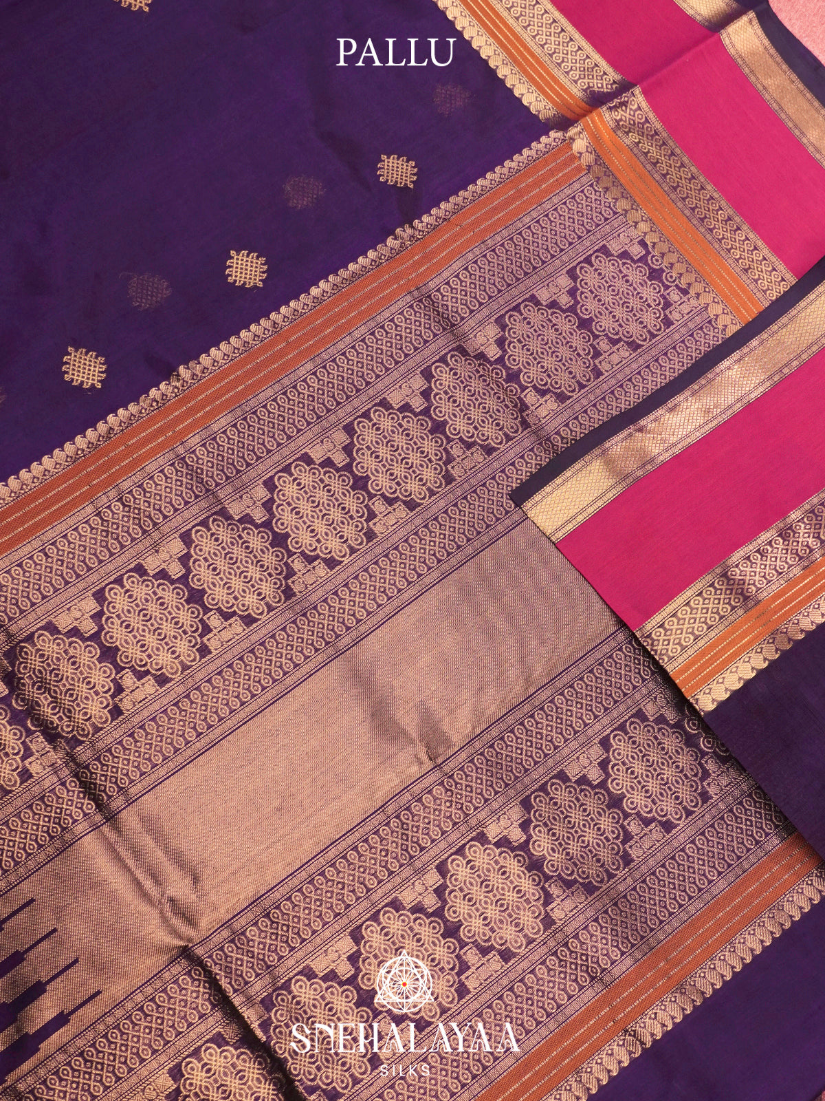 Purple Kanchi Silk Cotton Saree with Magenta Contrast Border & Intricate Geometric Motifs