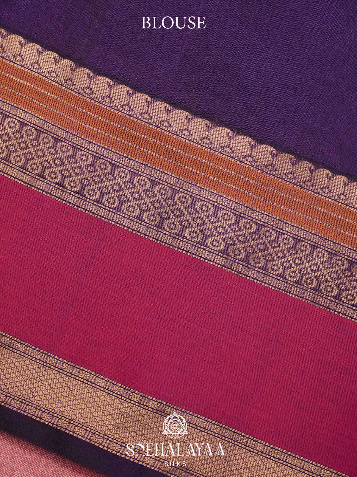 Purple Kanchi Silk Cotton Saree with Magenta Contrast Border & Intricate Geometric Motifs
