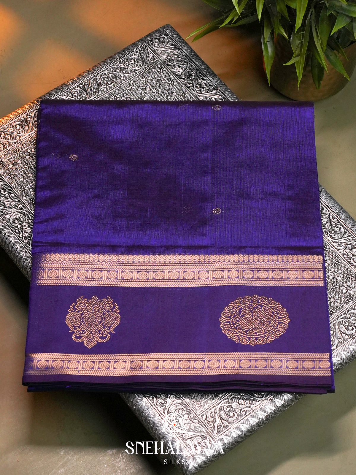 Royal Blue Kanchi Silk Cotton Saree with Contrast Purple Border & Annapakshi Motifs