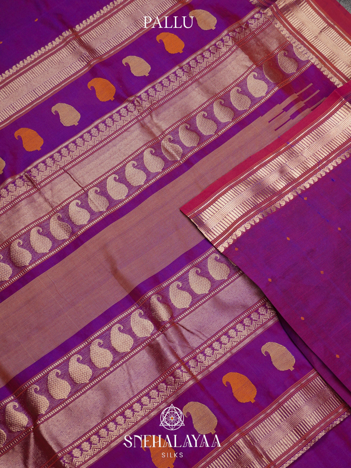 Purple Kanchi Silk Cotton Saree with Contrast Magenta Border & Mango Motifs