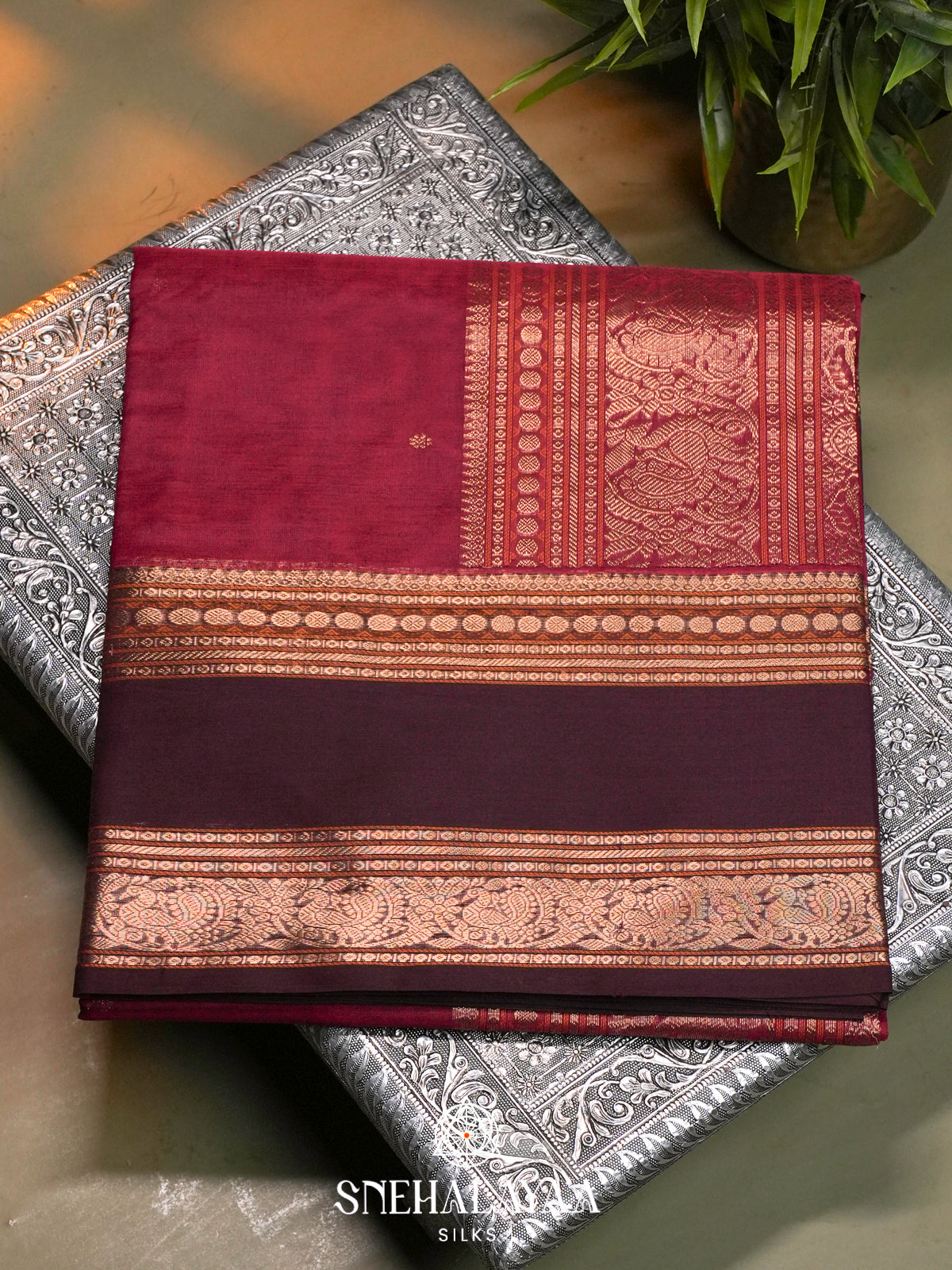 Maroon Kanchi Silk Cotton Saree with Coffee Brown Border & Yazhi Pallu