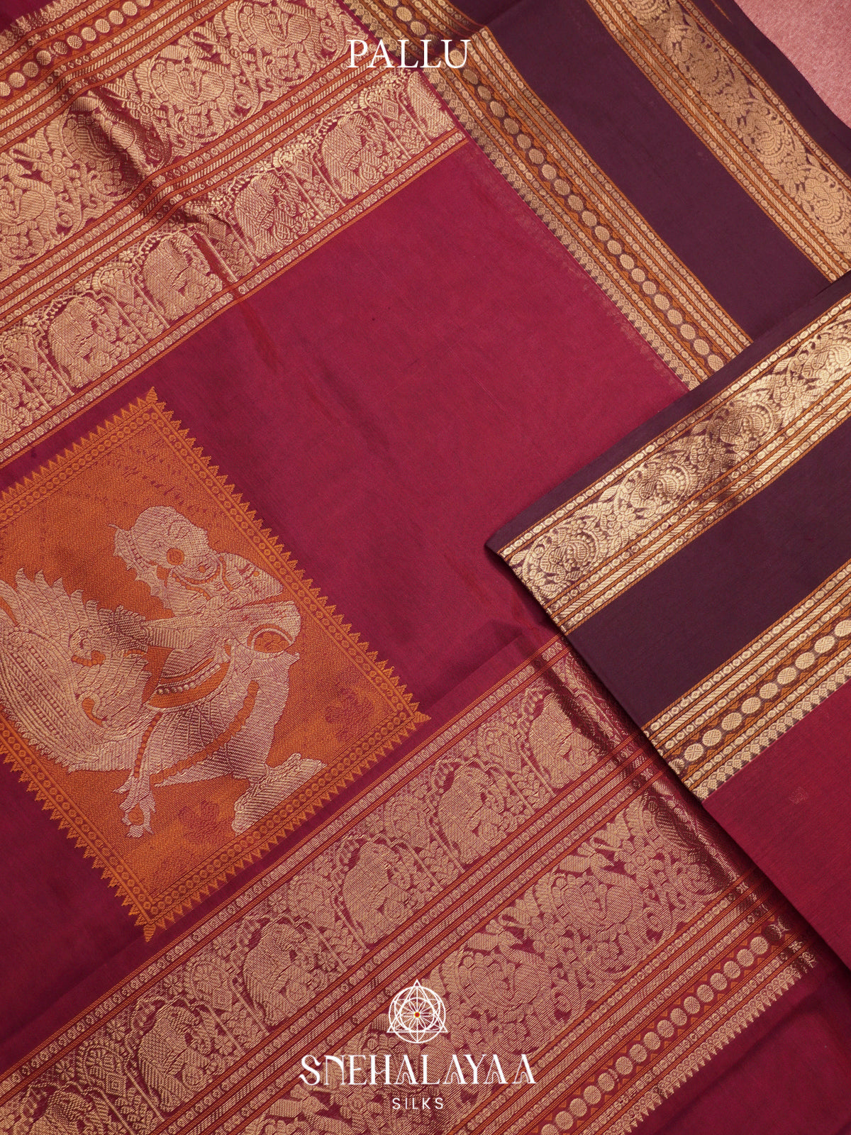 Maroon Kanchi Silk Cotton Saree with Coffee Brown Border & Yazhi Pallu