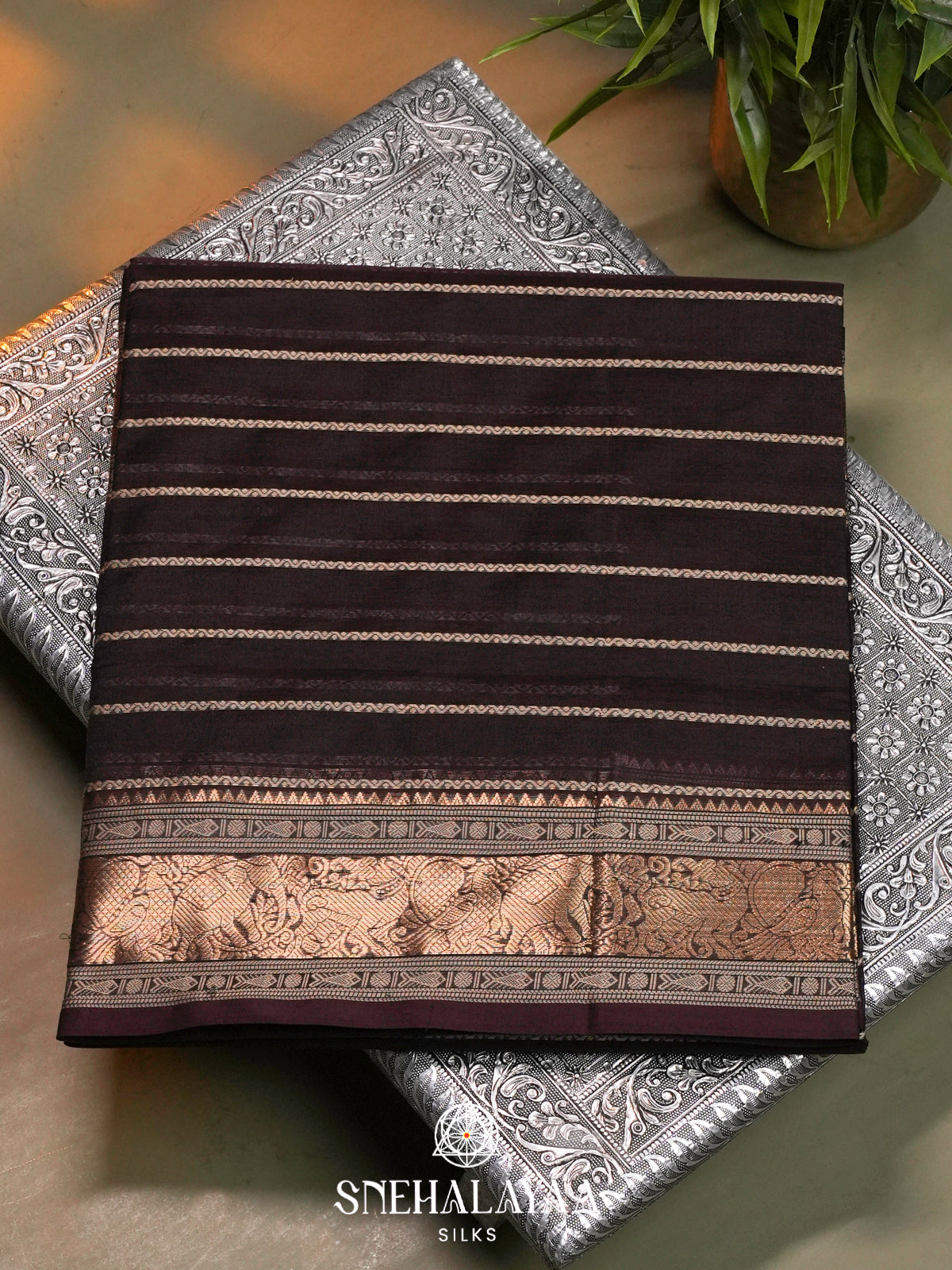 Chocolate Brown Kanchi Silk Cotton Saree with Zari Stripes & Traditional Annapakshi Pallu