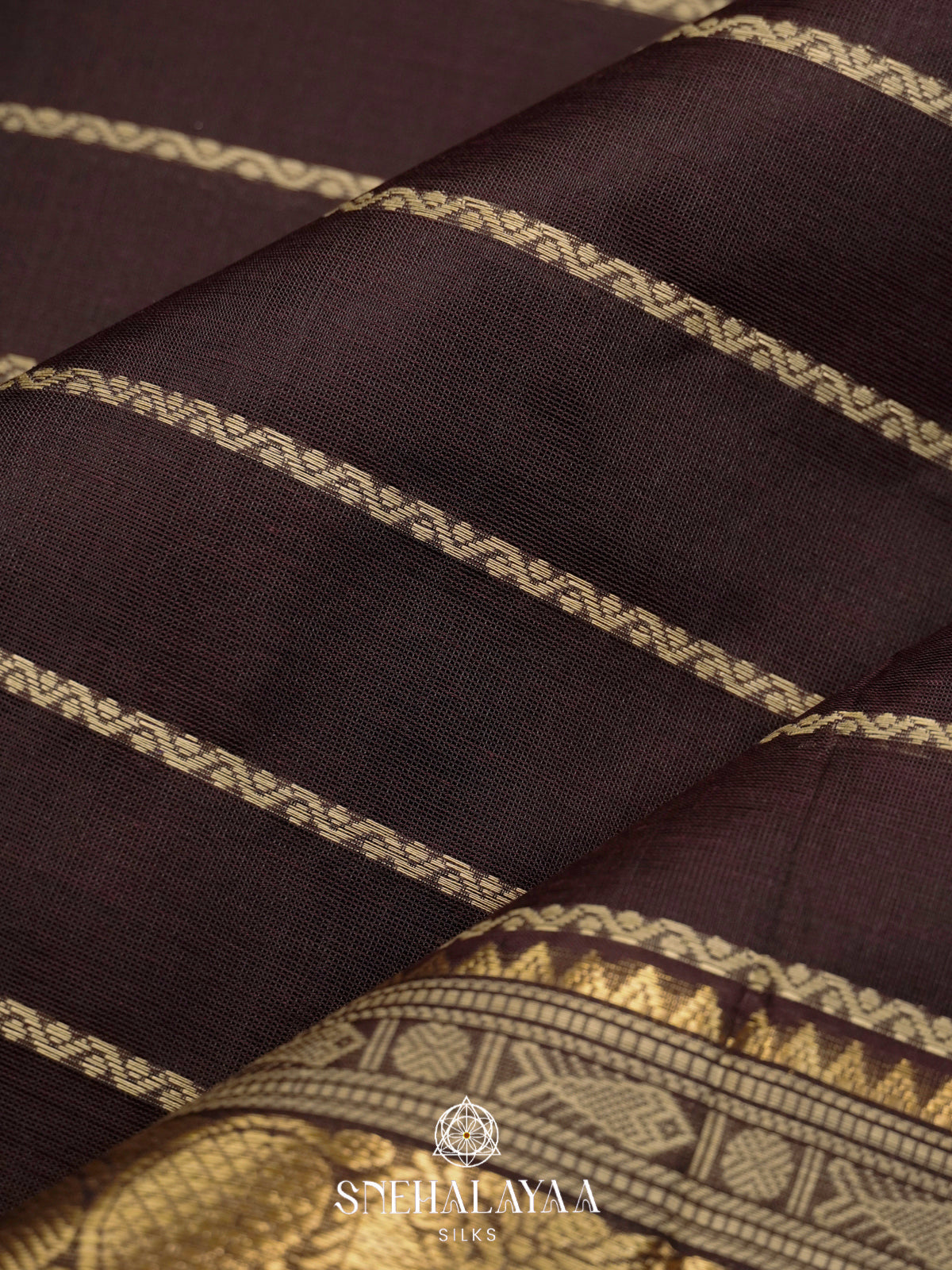 Chocolate Brown Kanchi Silk Cotton Saree with Zari Stripes & Traditional Annapakshi Pallu