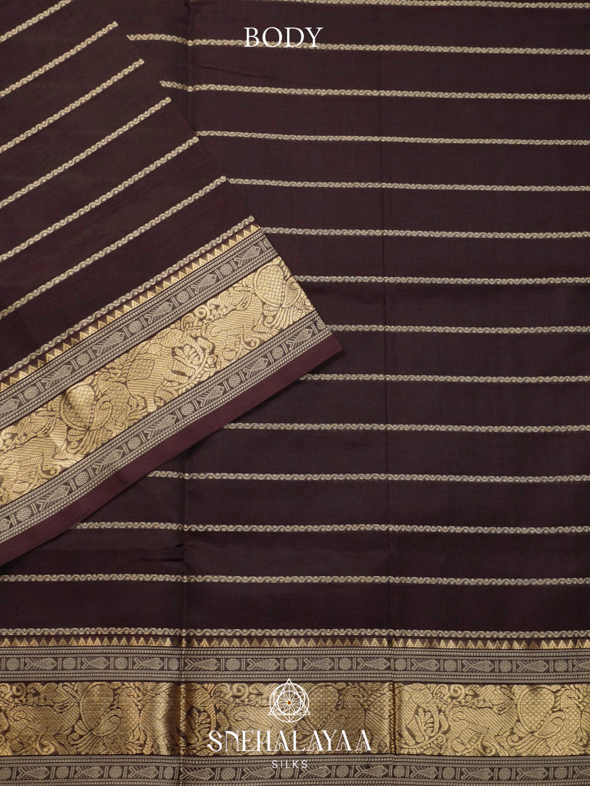 Chocolate Brown Kanchi Silk Cotton Saree with Zari Stripes & Traditional Annapakshi Pallu