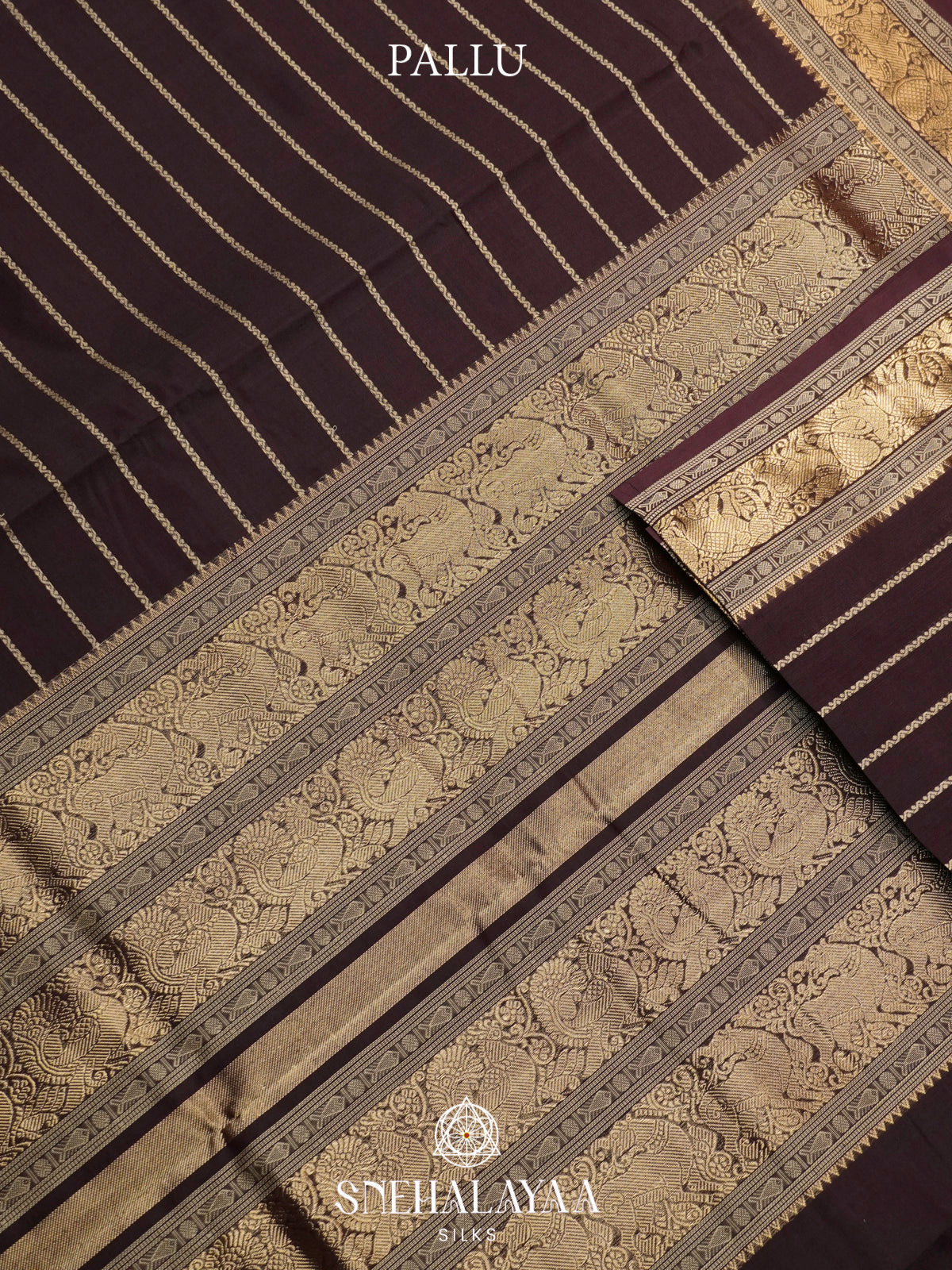 Chocolate Brown Kanchi Silk Cotton Saree with Zari Stripes & Traditional Annapakshi Pallu