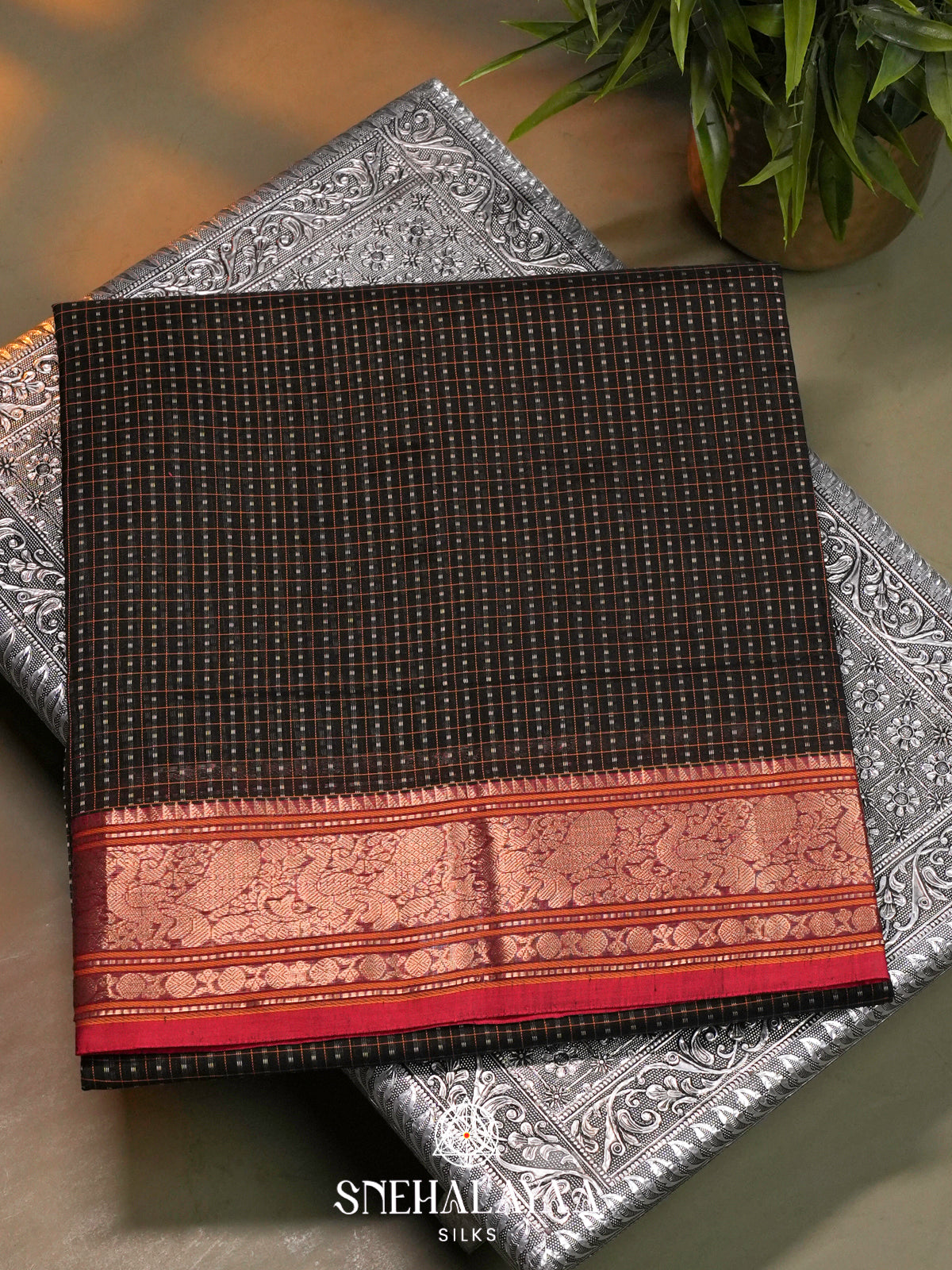 Jet Black Kanchi Silk Cotton Saree with Contrast Red Border & Paisley Pallu