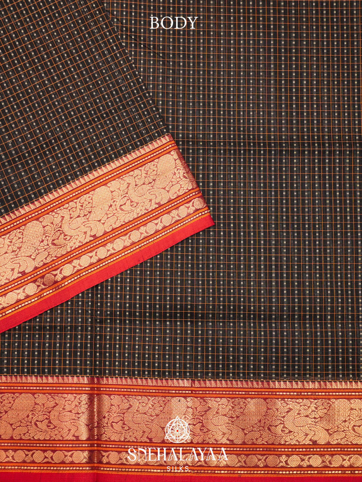 Jet Black Kanchi Silk Cotton Saree with Contrast Red Border & Paisley Pallu