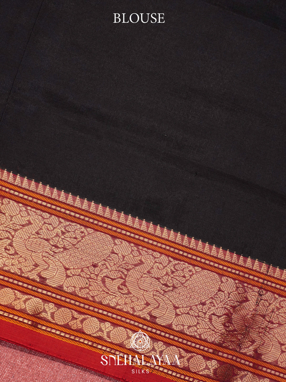 Jet Black Kanchi Silk Cotton Saree with Contrast Red Border & Paisley Pallu
