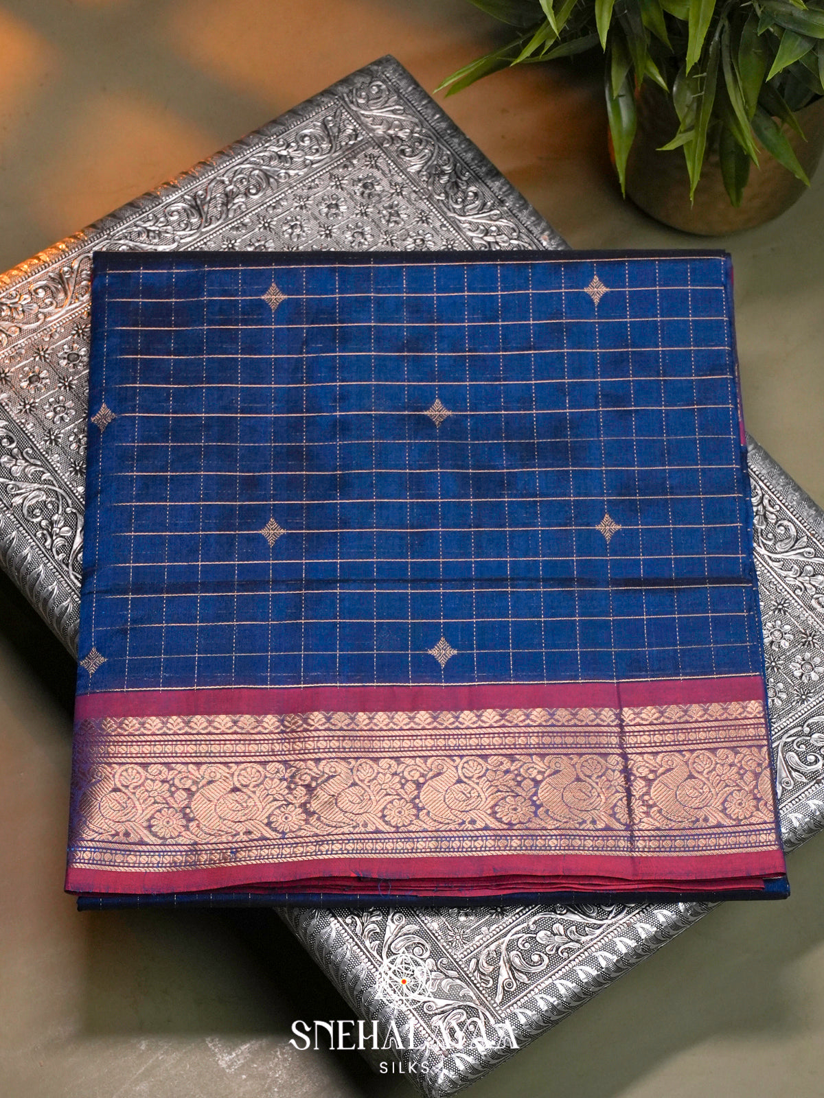 Royal Blue Kanchi Silk Cotton Saree with Contrast Crimson Border & Diamond Pallu