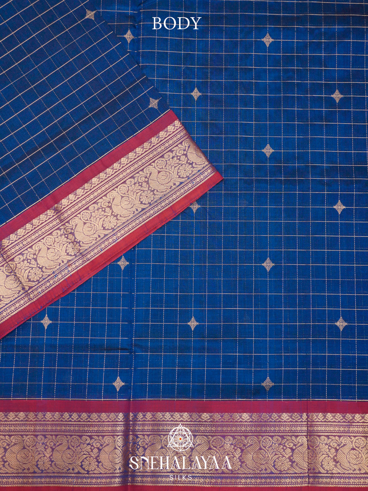 Royal Blue Kanchi Silk Cotton Saree with Contrast Crimson Border & Diamond Pallu