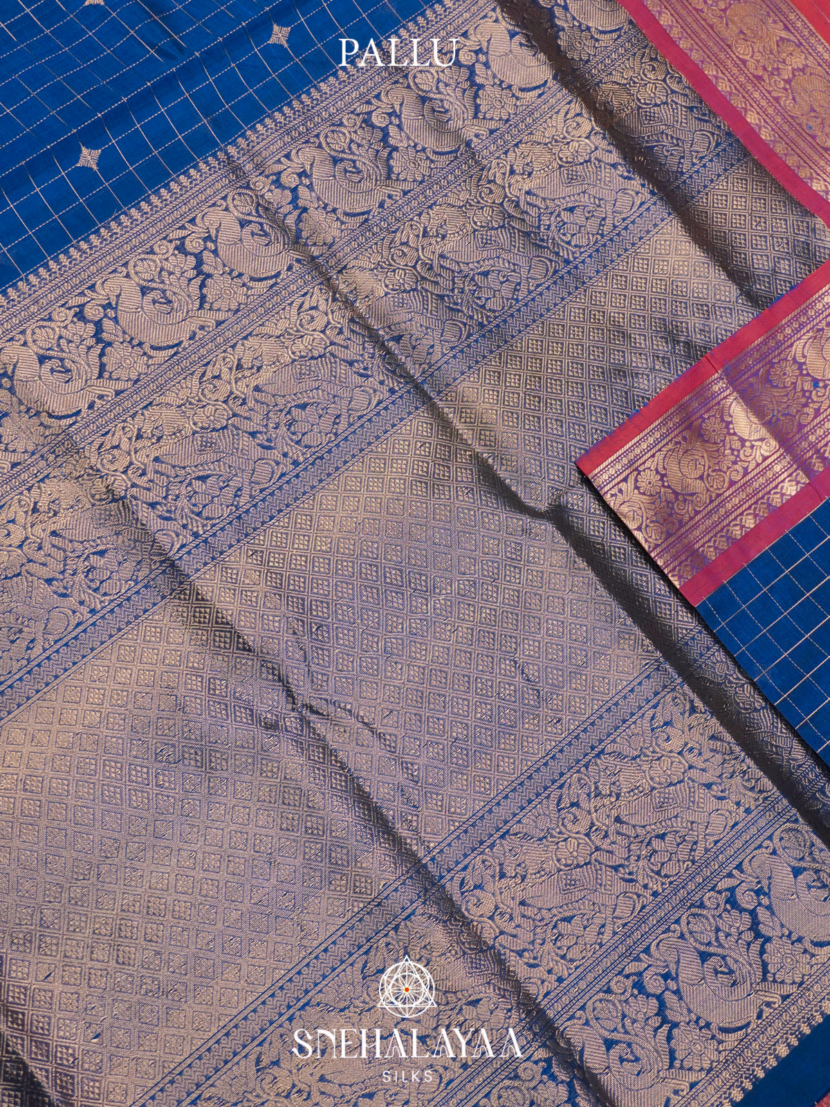 Royal Blue Kanchi Silk Cotton Saree with Contrast Crimson Border & Diamond Pallu