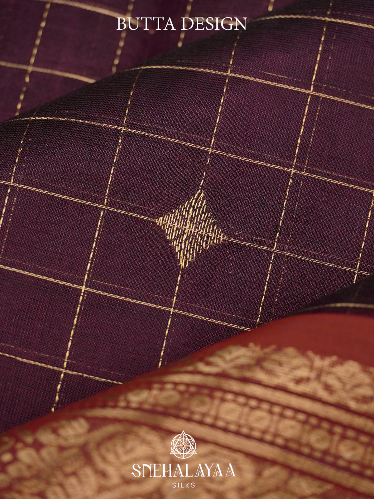 Wine Kanchi Silk Cotton Saree with Contrast Red Border & Diamond Pallu