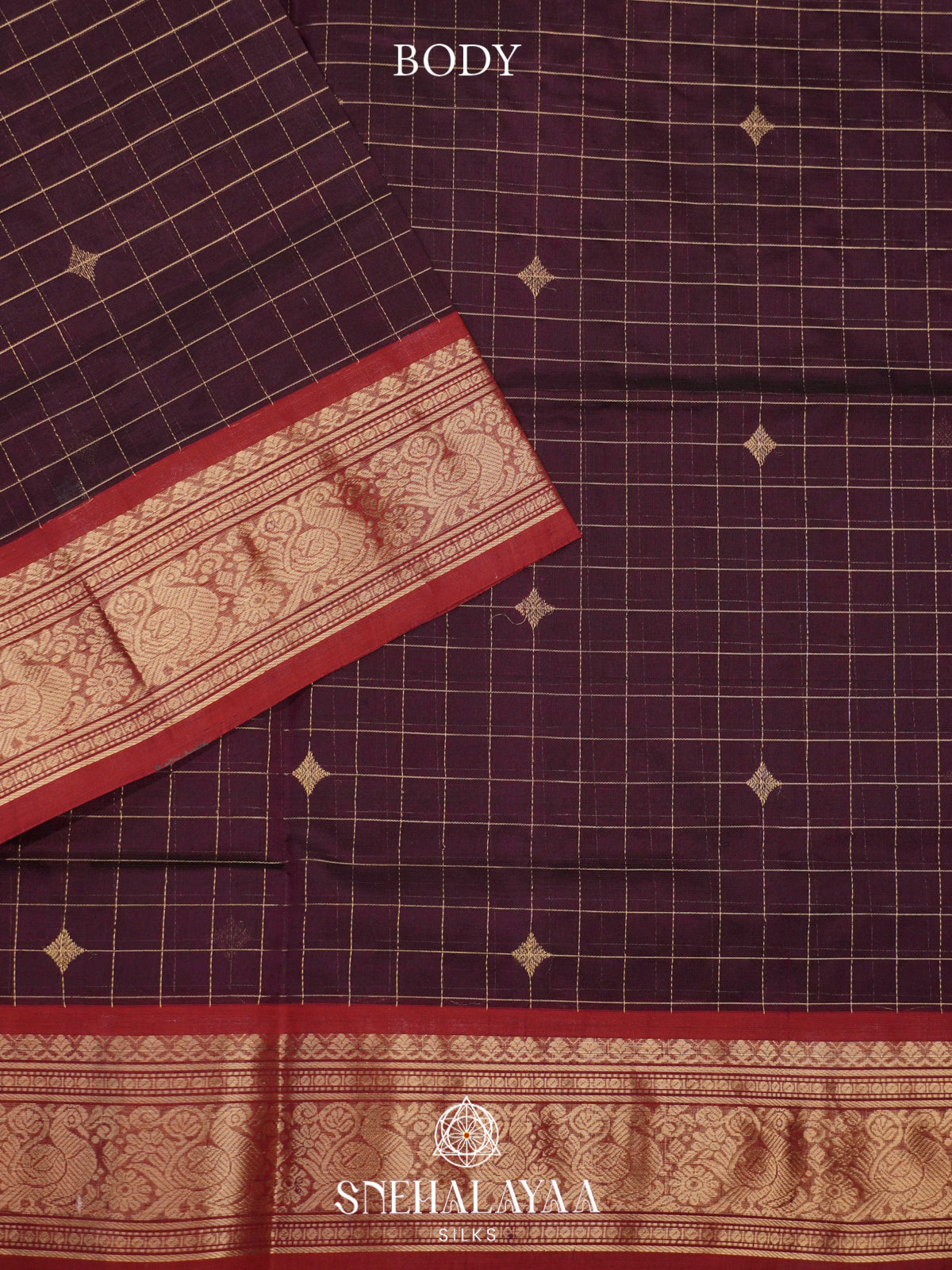 Wine Kanchi Silk Cotton Saree with Contrast Red Border & Diamond Pallu
