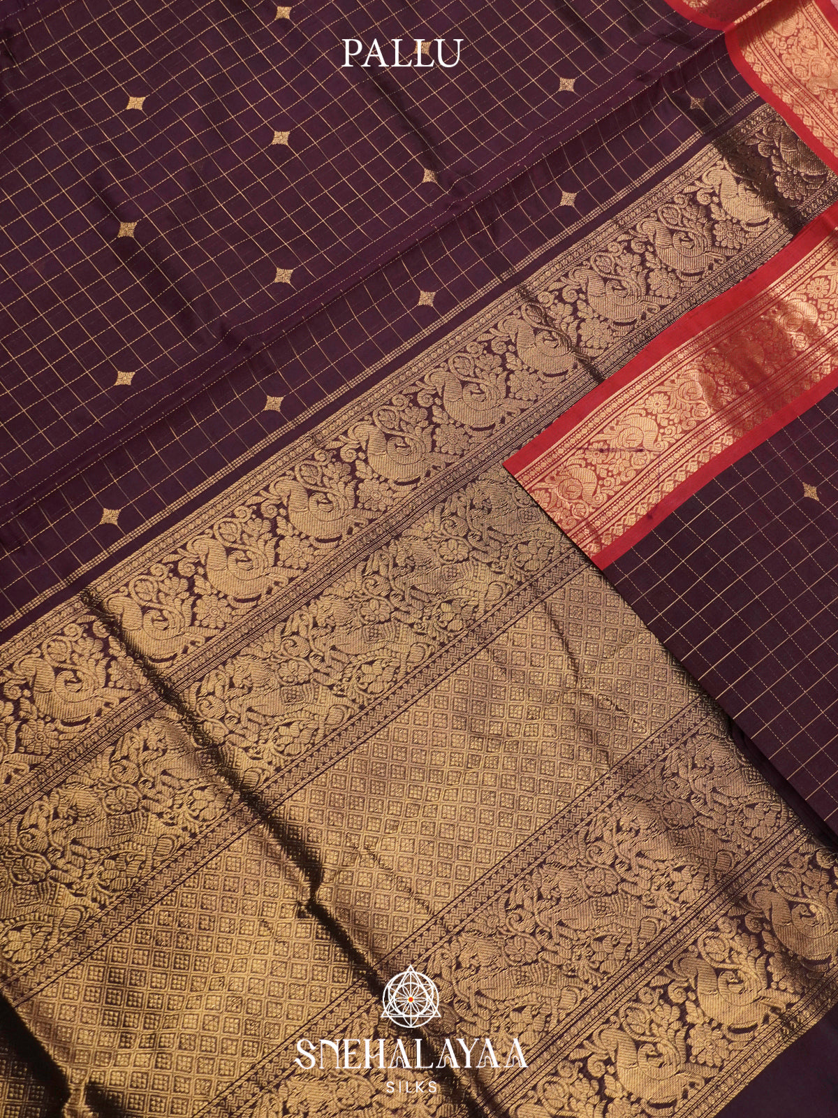 Wine Kanchi Silk Cotton Saree with Contrast Red Border & Diamond Pallu
