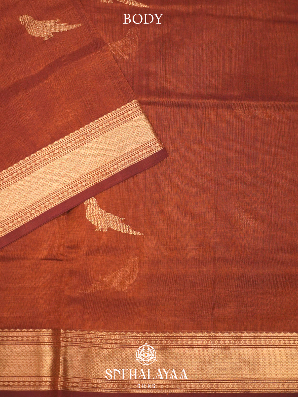 Burnt Orange Kanchi Silk Cotton Saree with Traditional Parrot Pallu